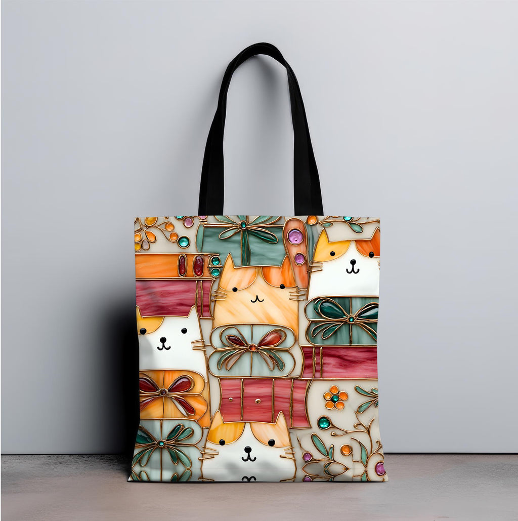 Stained Glass Look Cat Tote Bag, Literary Book Lover Gift
