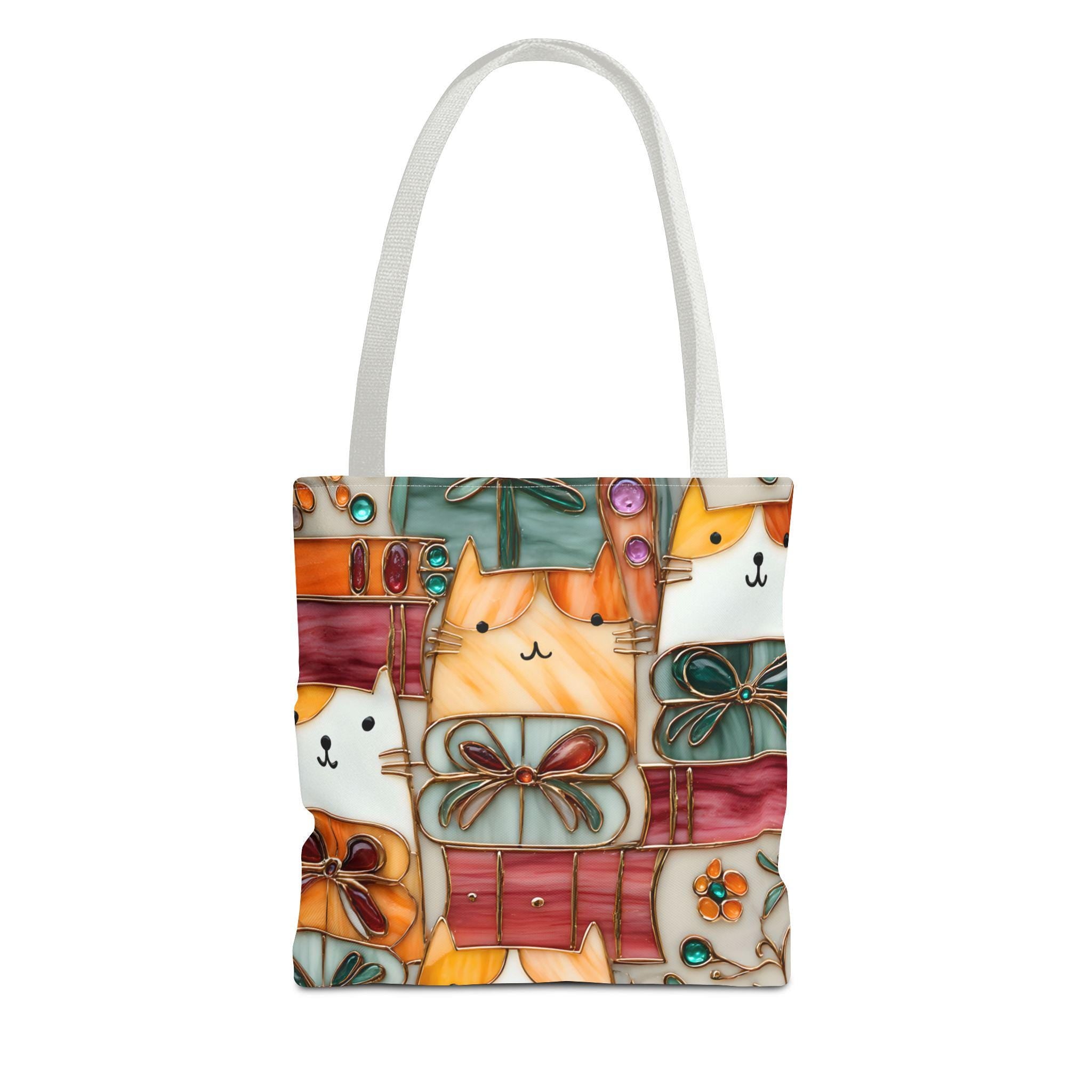Stained Glass Look Cat Tote Bag, Literary Book Lover Gift