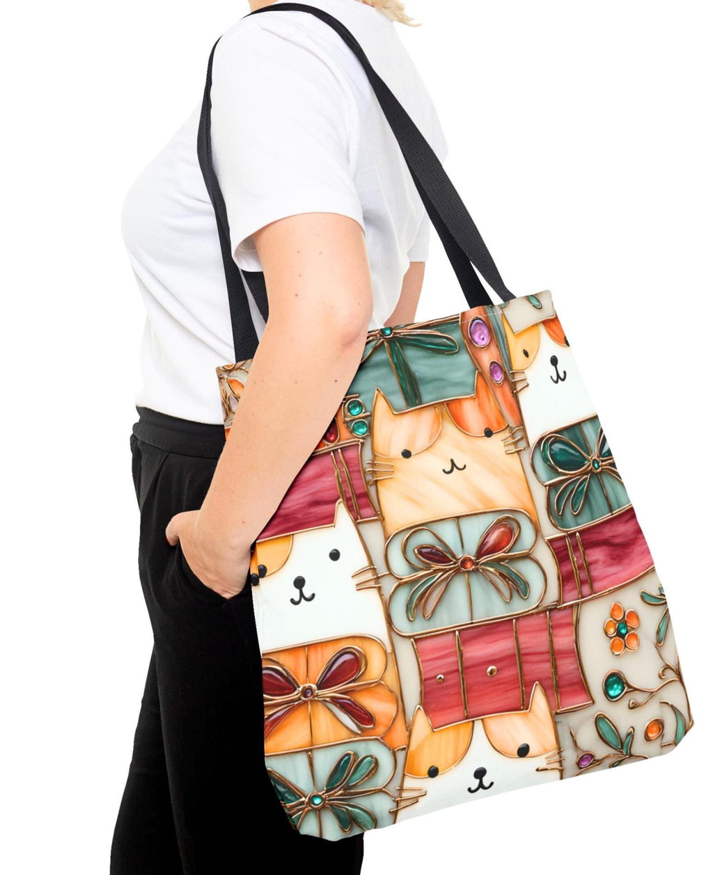 Stained Glass Look Cat Tote Bag, Literary Book Lover Gift
