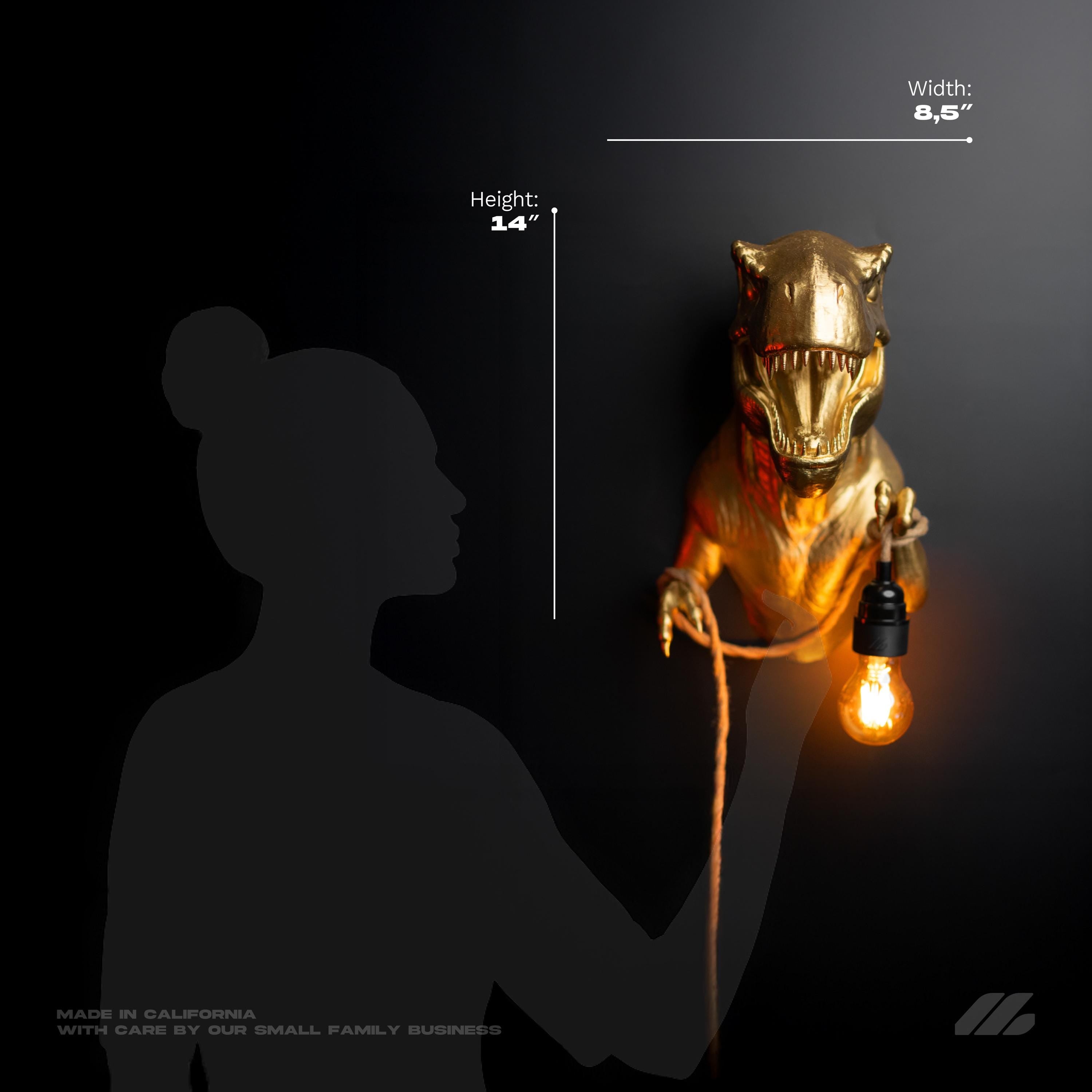 April16studio Gold T-Rex Wall Light Sconce 14in Hand-Painted