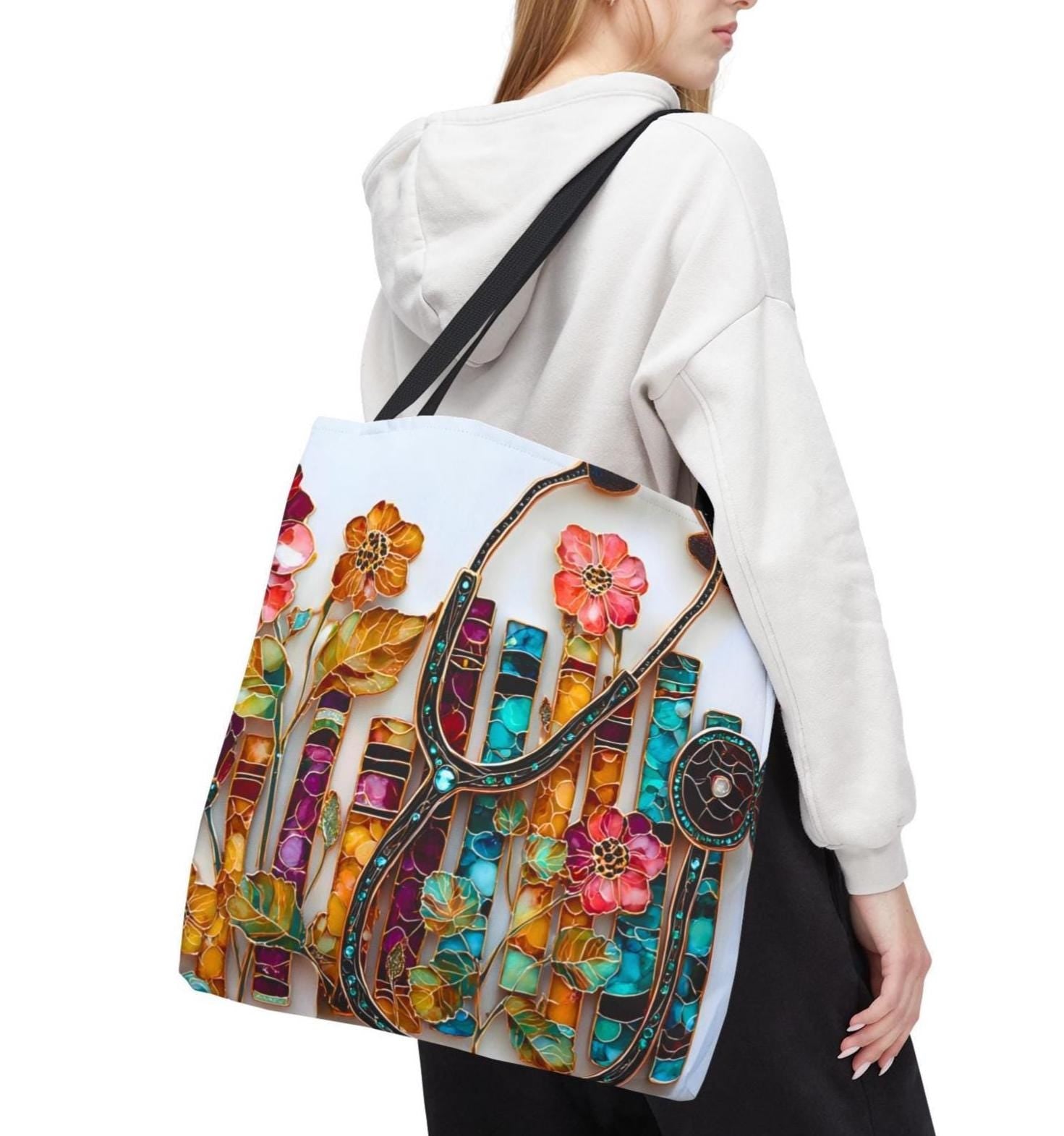 LELORESTORE Floral Bookshelf Tote Bag Boho Stained Glass Literary Gift