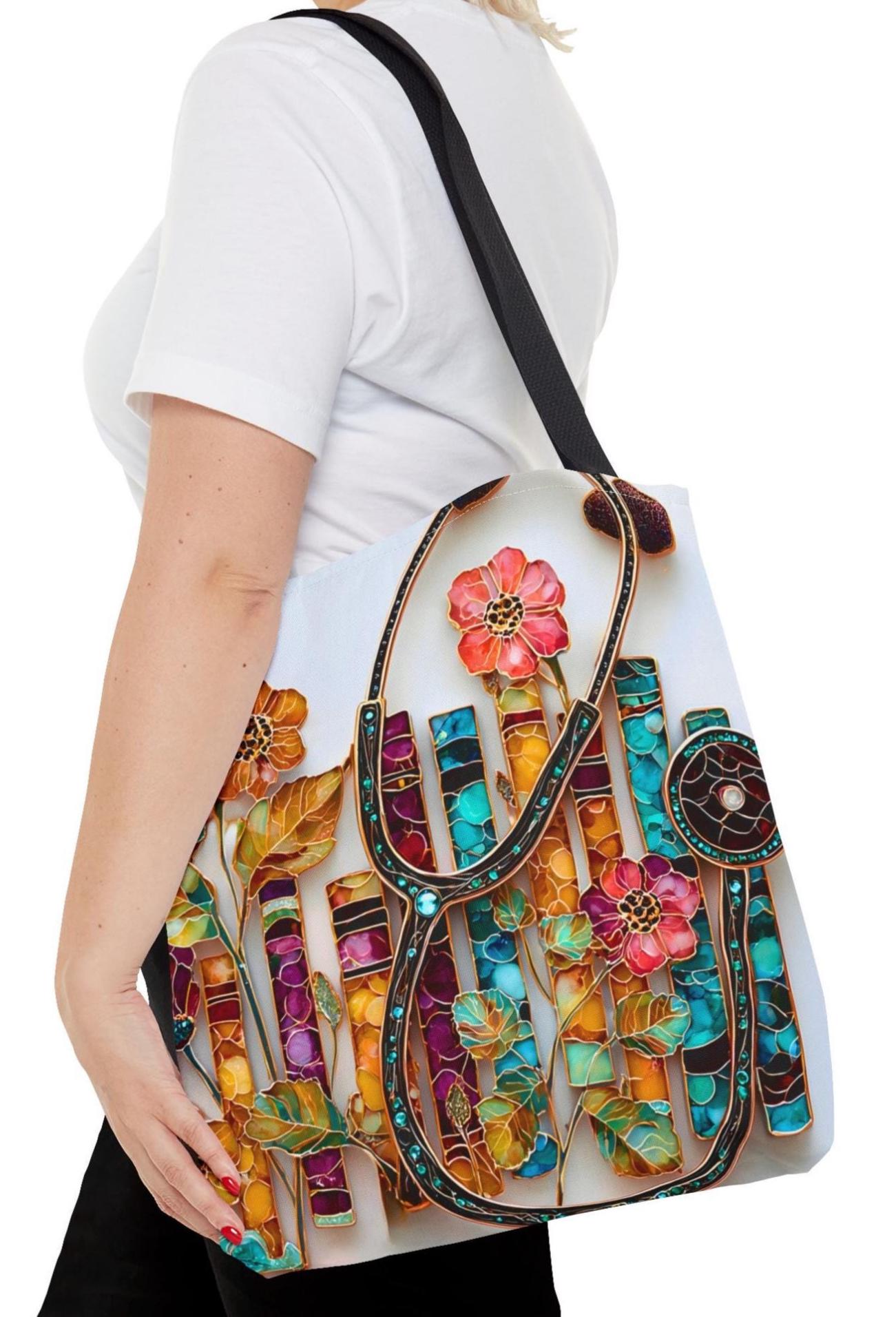 LELORESTORE Floral Bookshelf Tote Bag Boho Stained Glass Literary Gift
