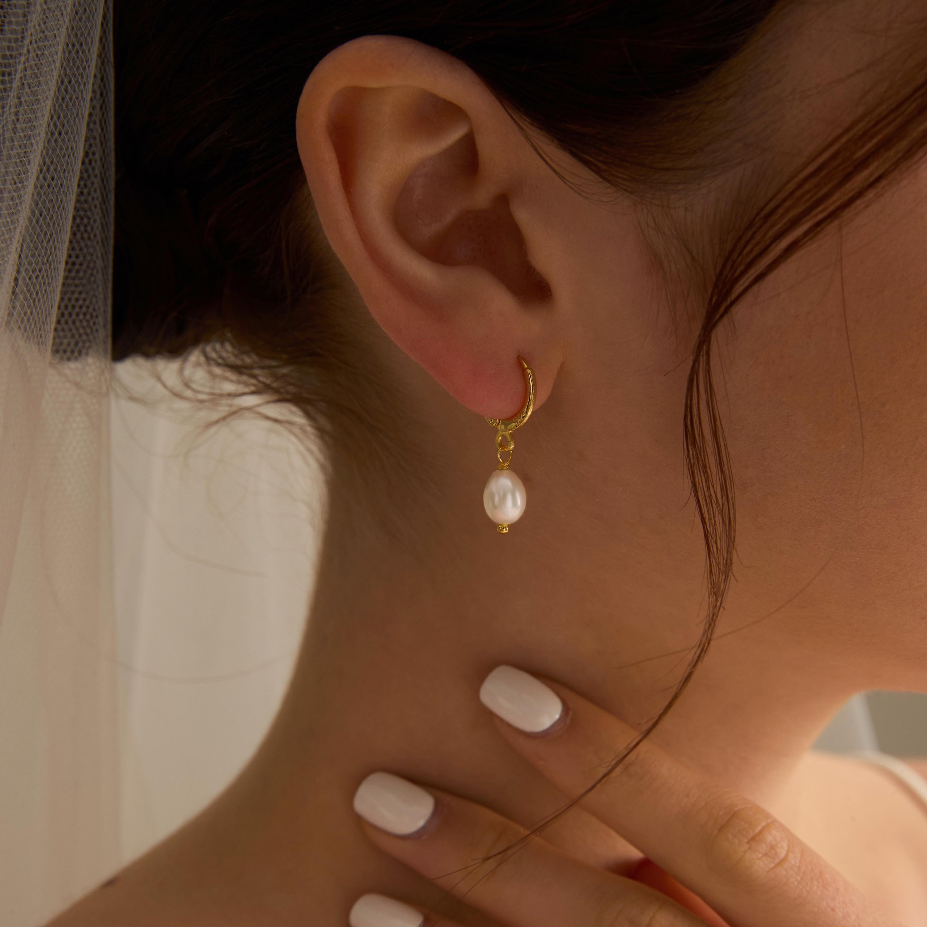 EcloraTreasures Genuine Freshwater Pearl Drop Hoop Earrings 10mm