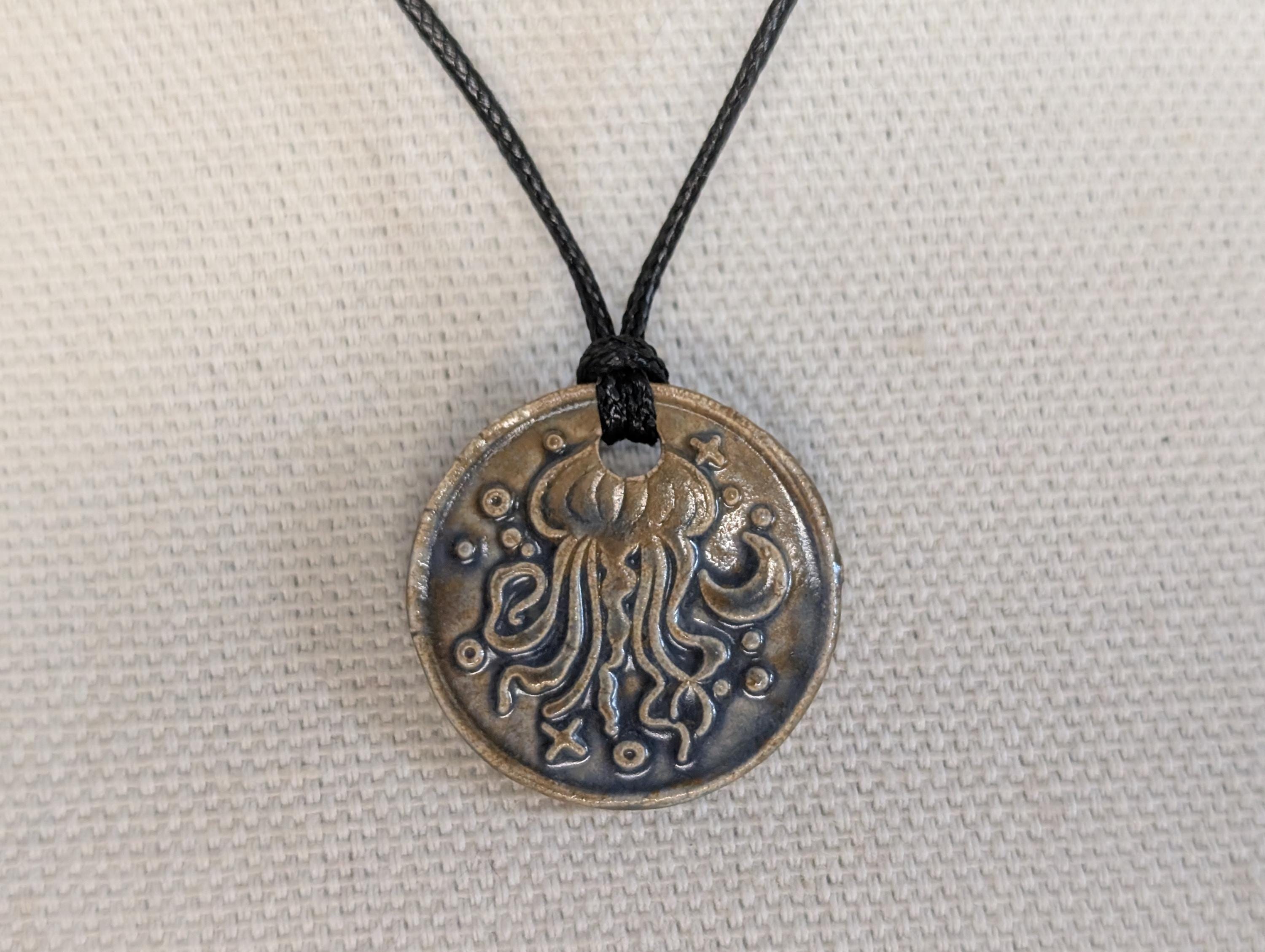 NoctemPottery Jellyfish Ceramic Wax Seal Pendant Adjustable Cord Necklace