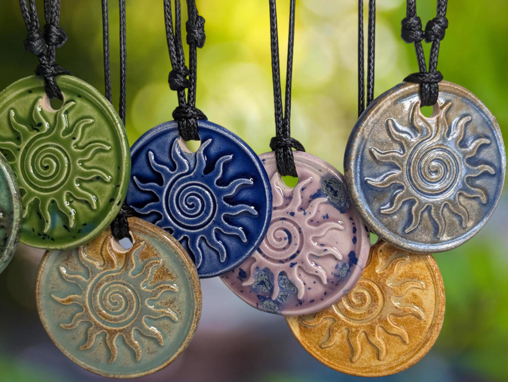 NoctemPottery Swirl Sun Ceramic Wax Seal Pendant Adjustable Cord Necklace