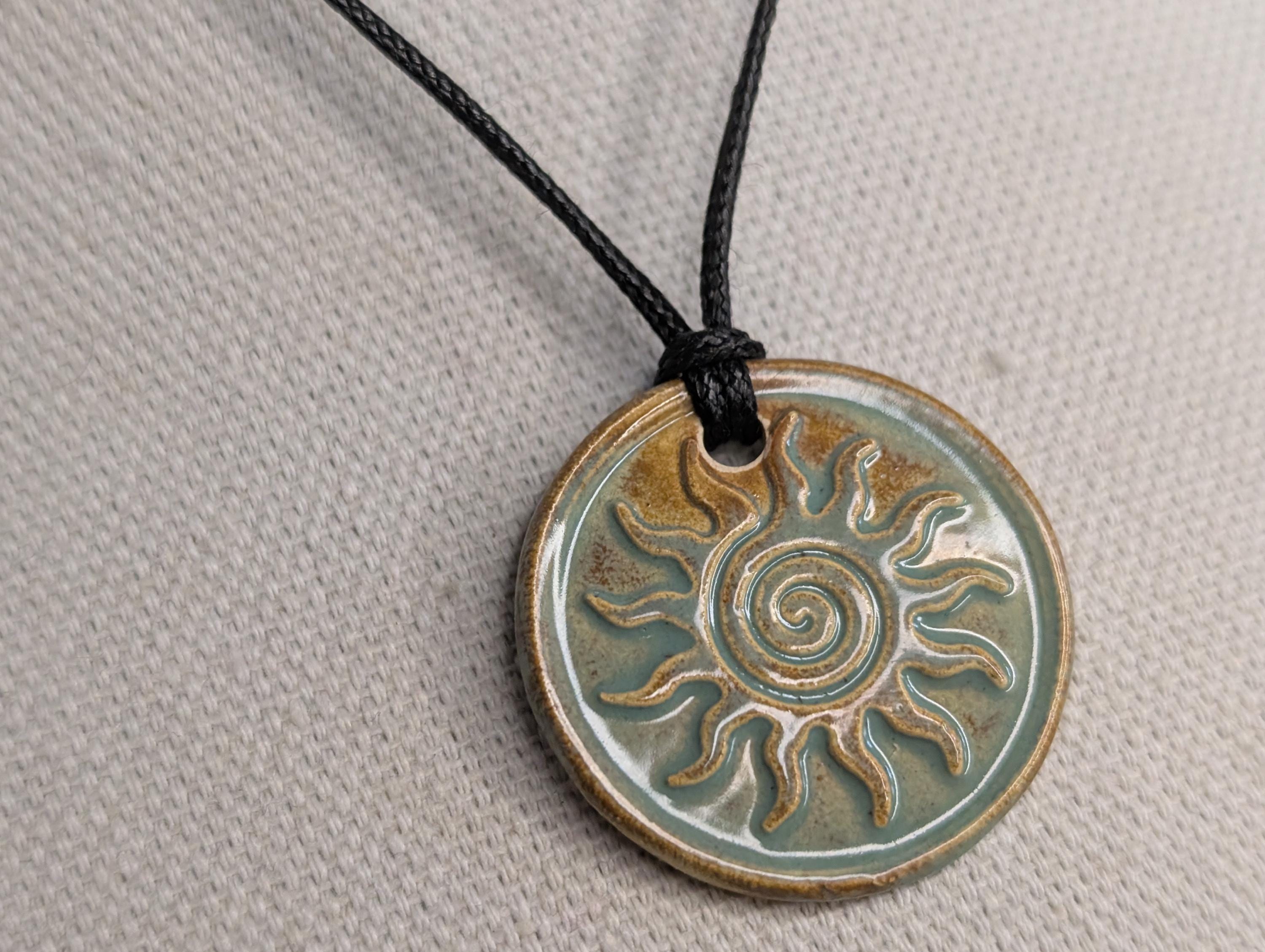 NoctemPottery Swirl Sun Ceramic Wax Seal Pendant Adjustable Cord Necklace