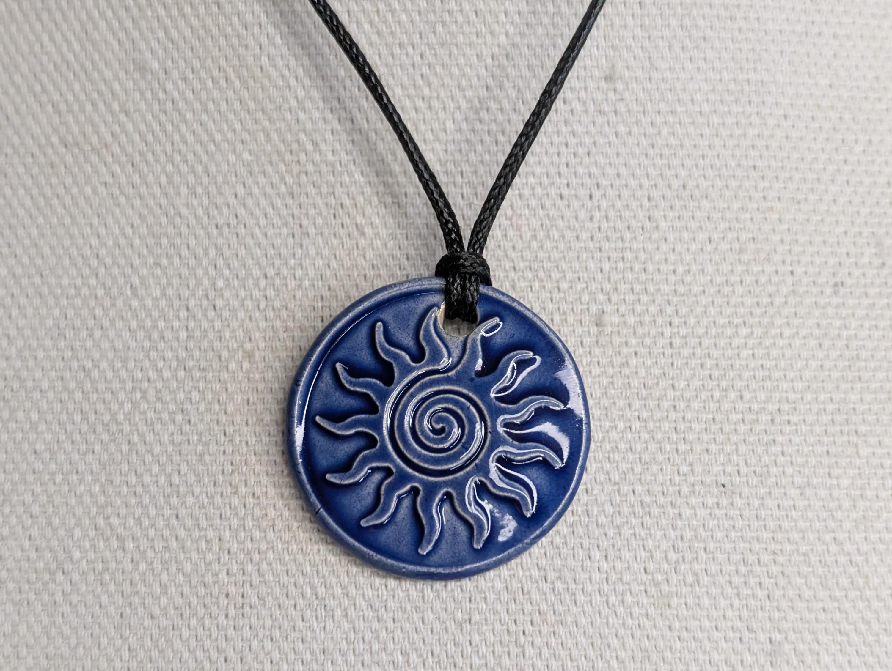 NoctemPottery Swirl Sun Ceramic Wax Seal Pendant Adjustable Cord Necklace