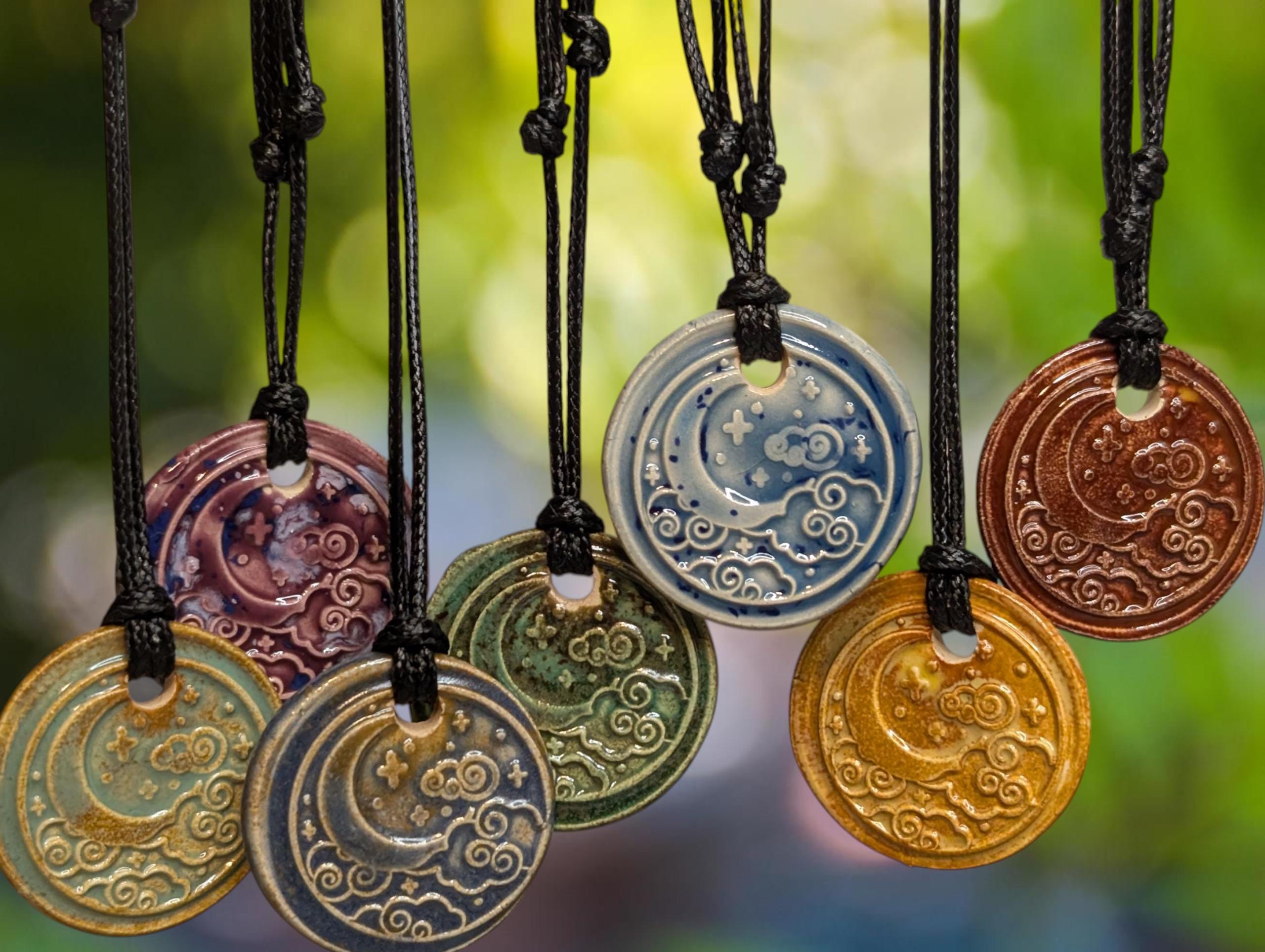 NoctemPottery Crescent Moon and Clouds Ceramic Pendant Necklace
