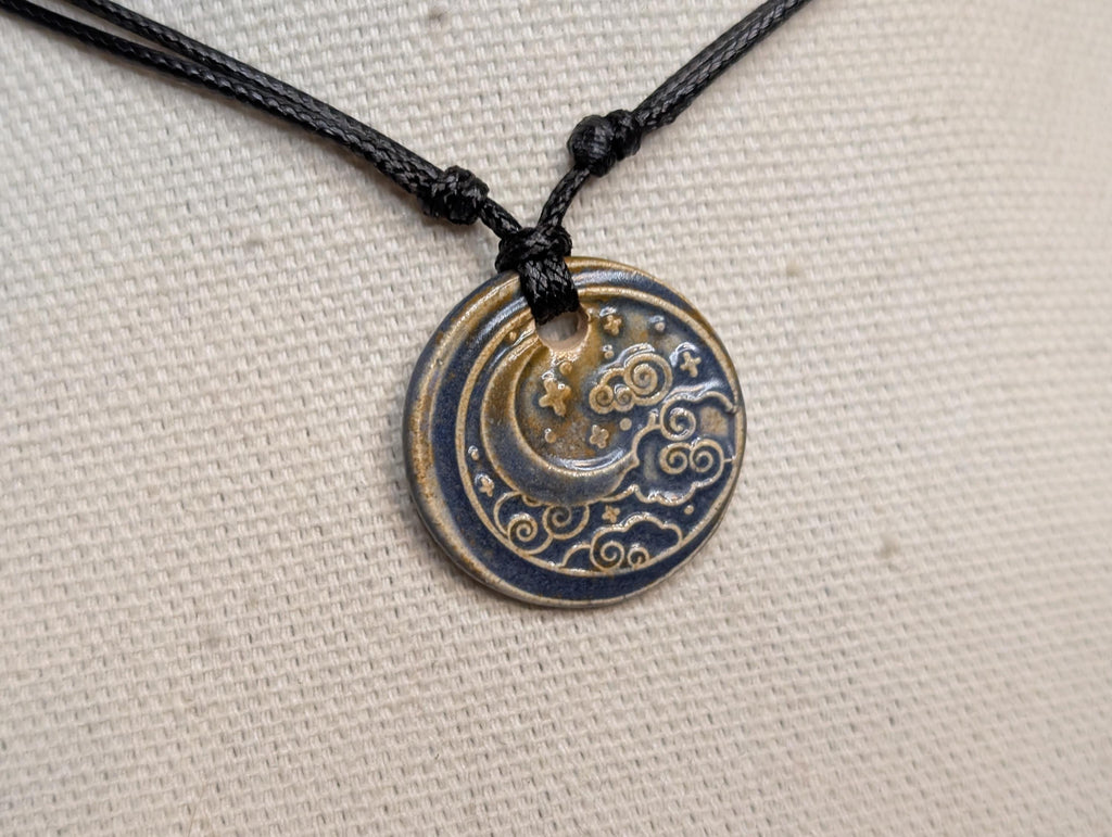 NoctemPottery Crescent Moon and Clouds Ceramic Pendant Necklace