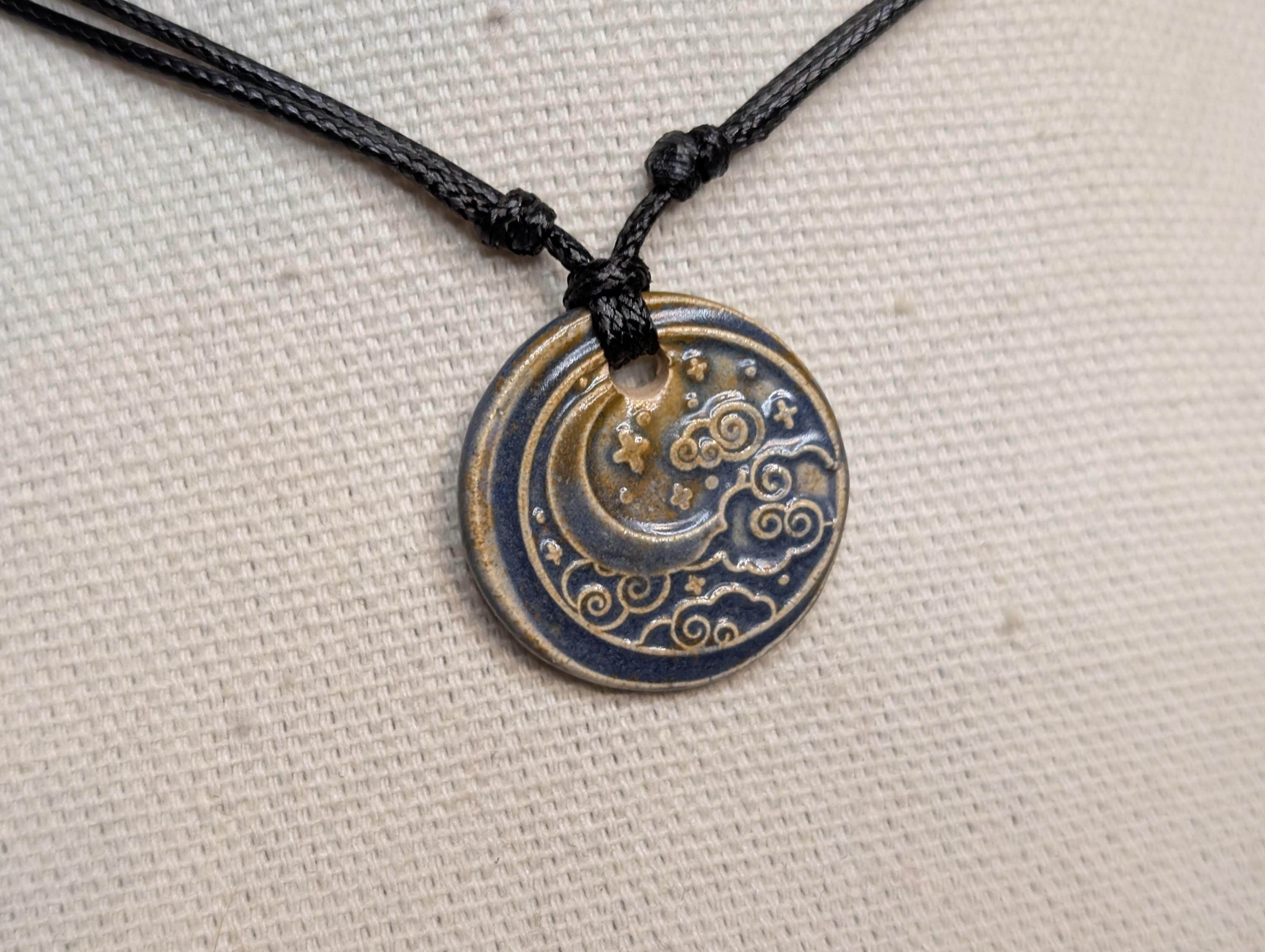 NoctemPottery Crescent Moon and Clouds Ceramic Pendant Necklace