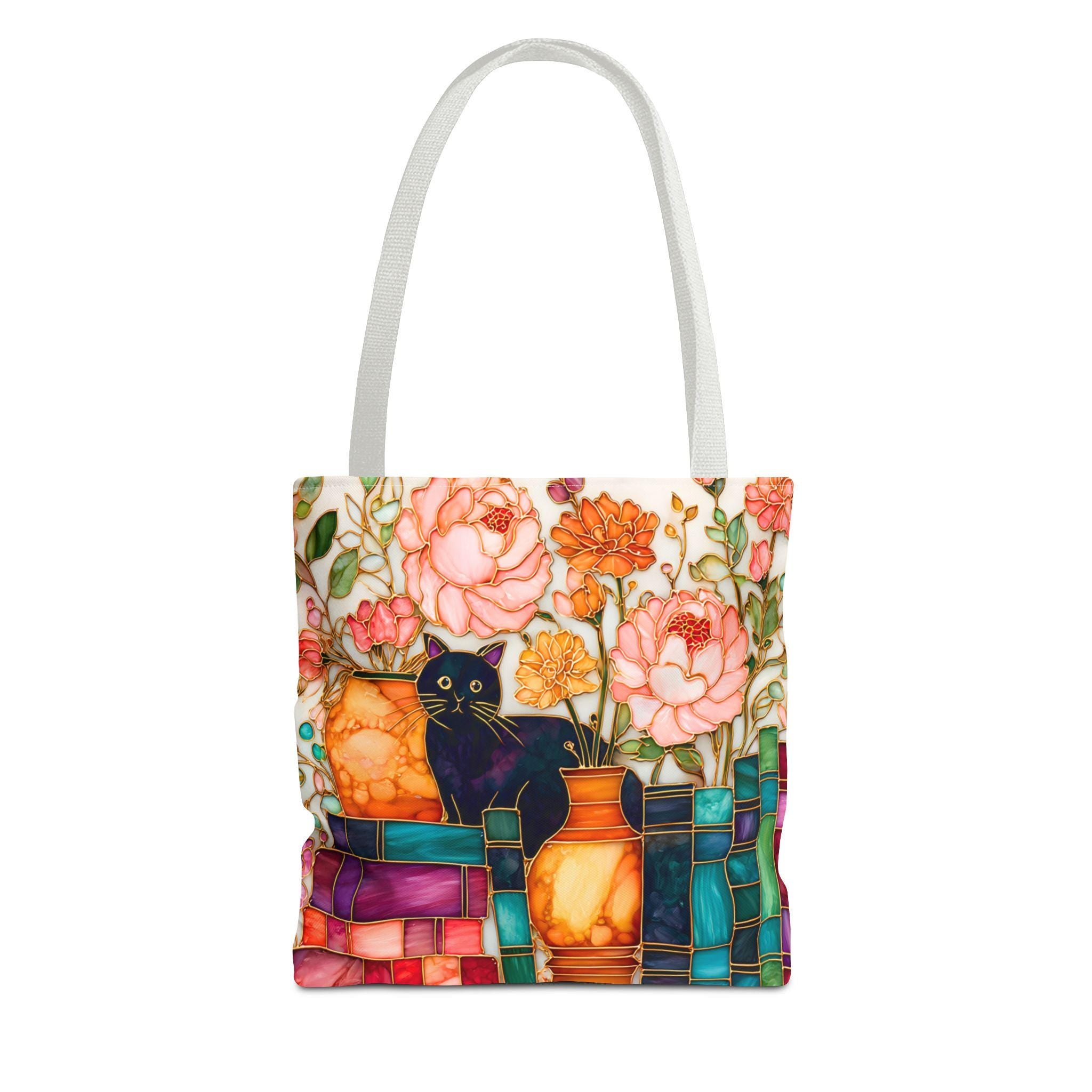 LELORESTORE Bookish Cat Tote Bag Boho Bookshelf Floral Library