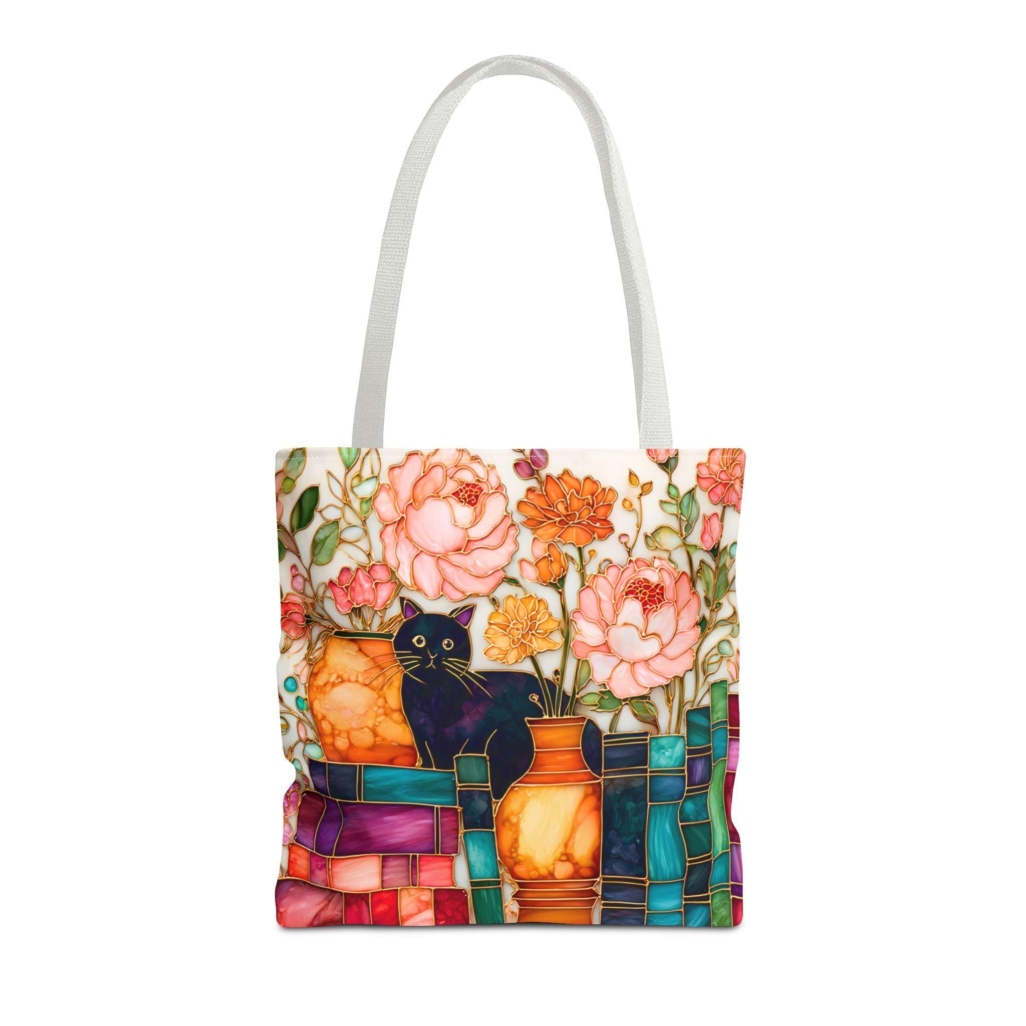 LELORESTORE Bookish Cat Tote Bag Boho Bookshelf Floral Library