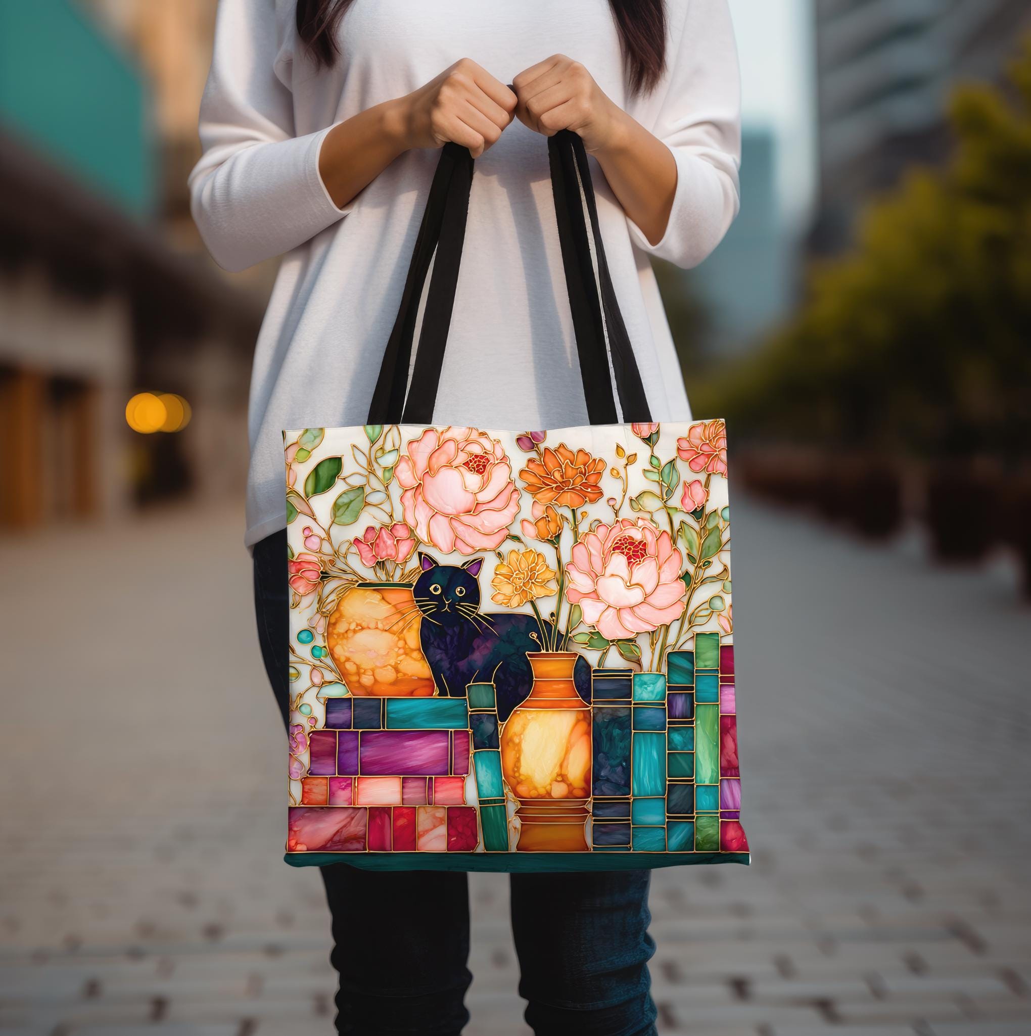LELORESTORE Bookish Cat Tote Bag Boho Bookshelf Floral Library