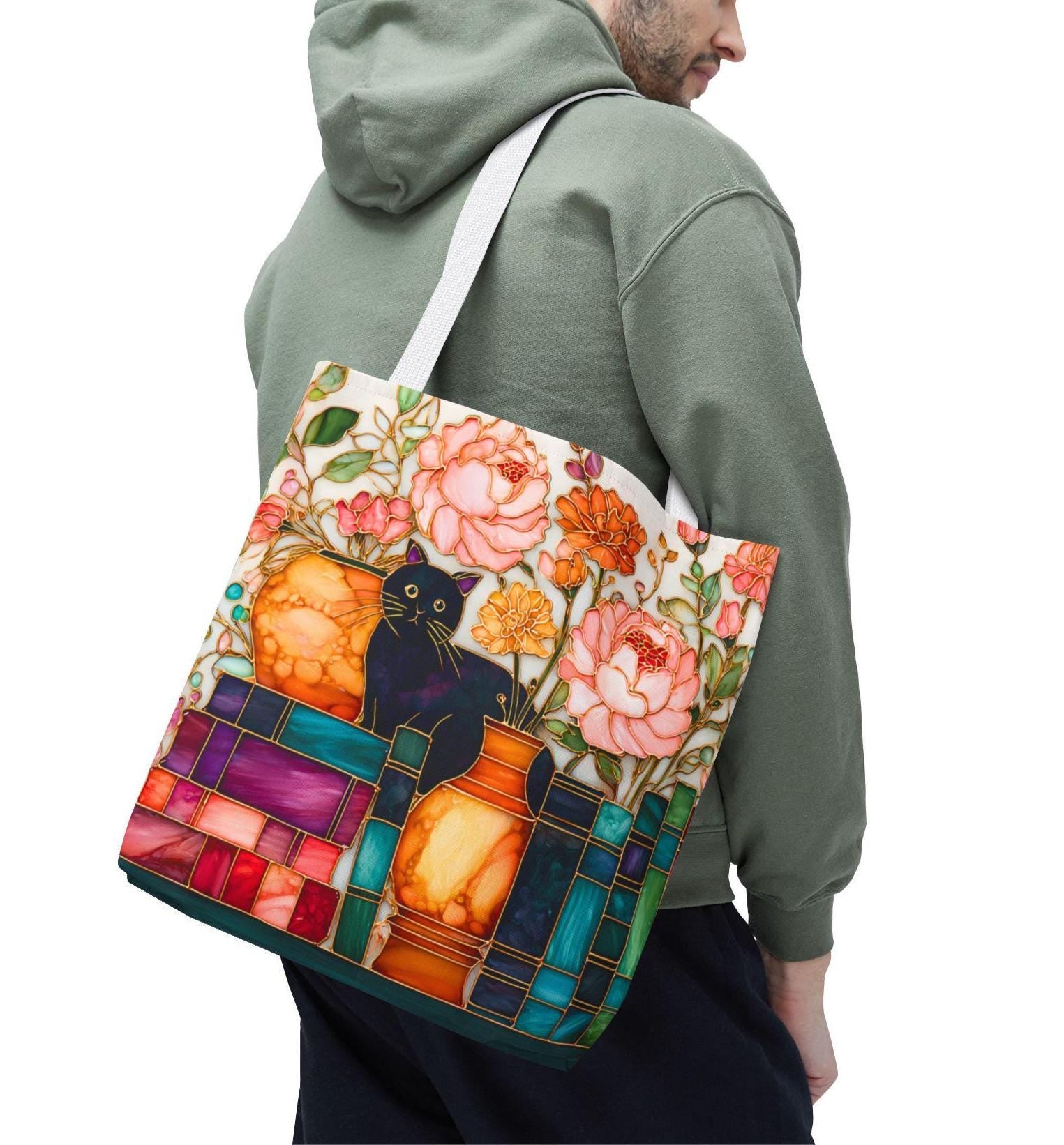 LELORESTORE Bookish Cat Tote Bag Boho Bookshelf Floral Library