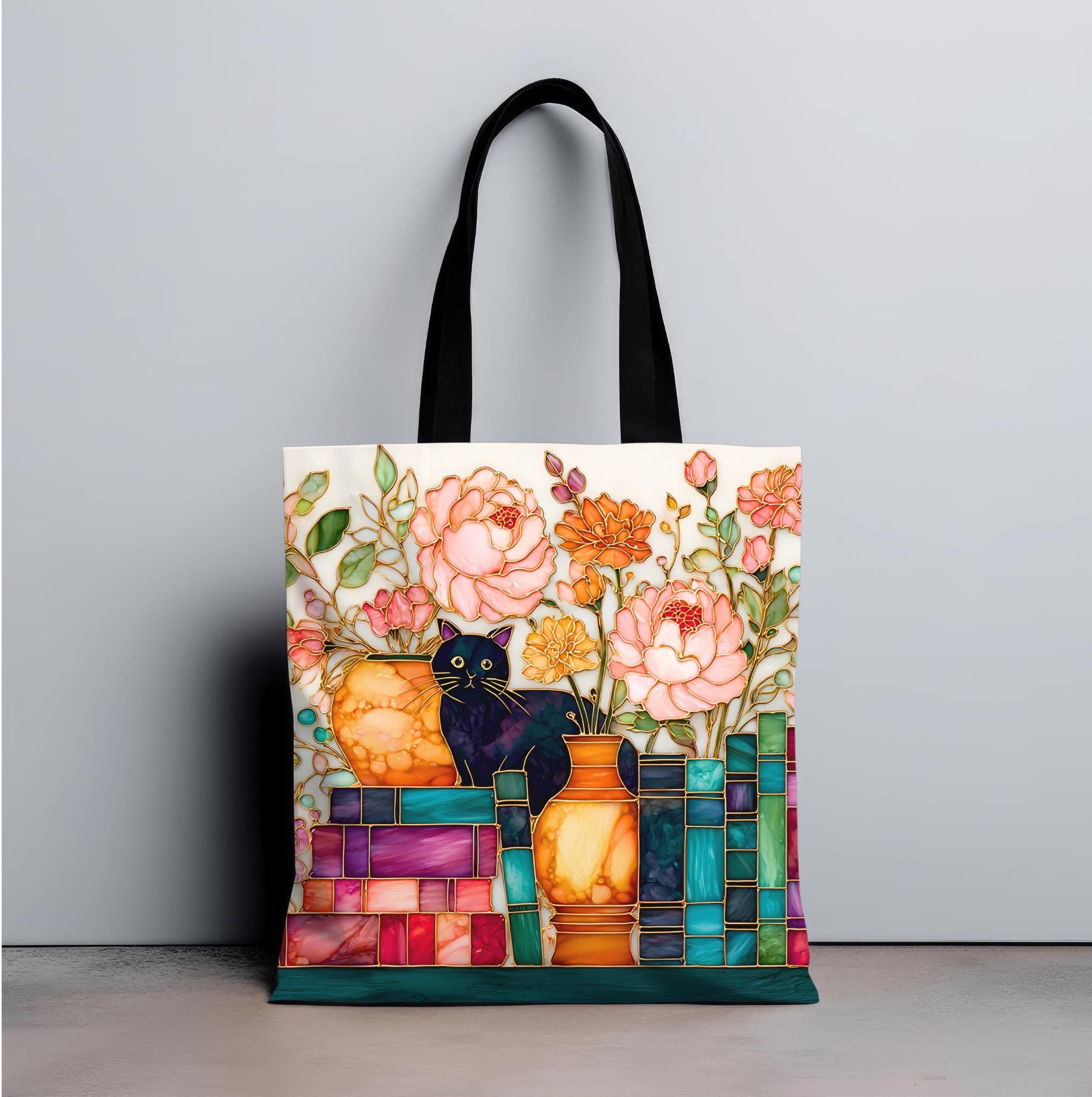 LELORESTORE Bookish Cat Tote Bag Boho Bookshelf Floral Library