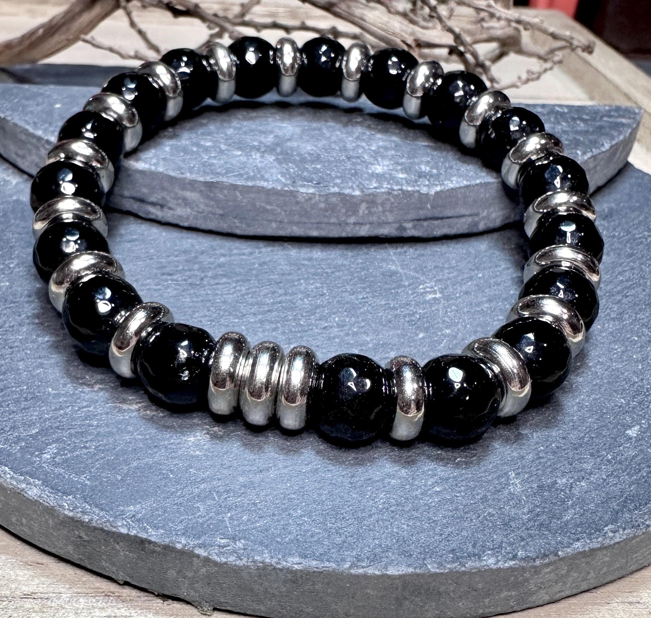 MossberryandStone Mens Onyx Stretch Bracelet 10mm Micro-Faceted Beads