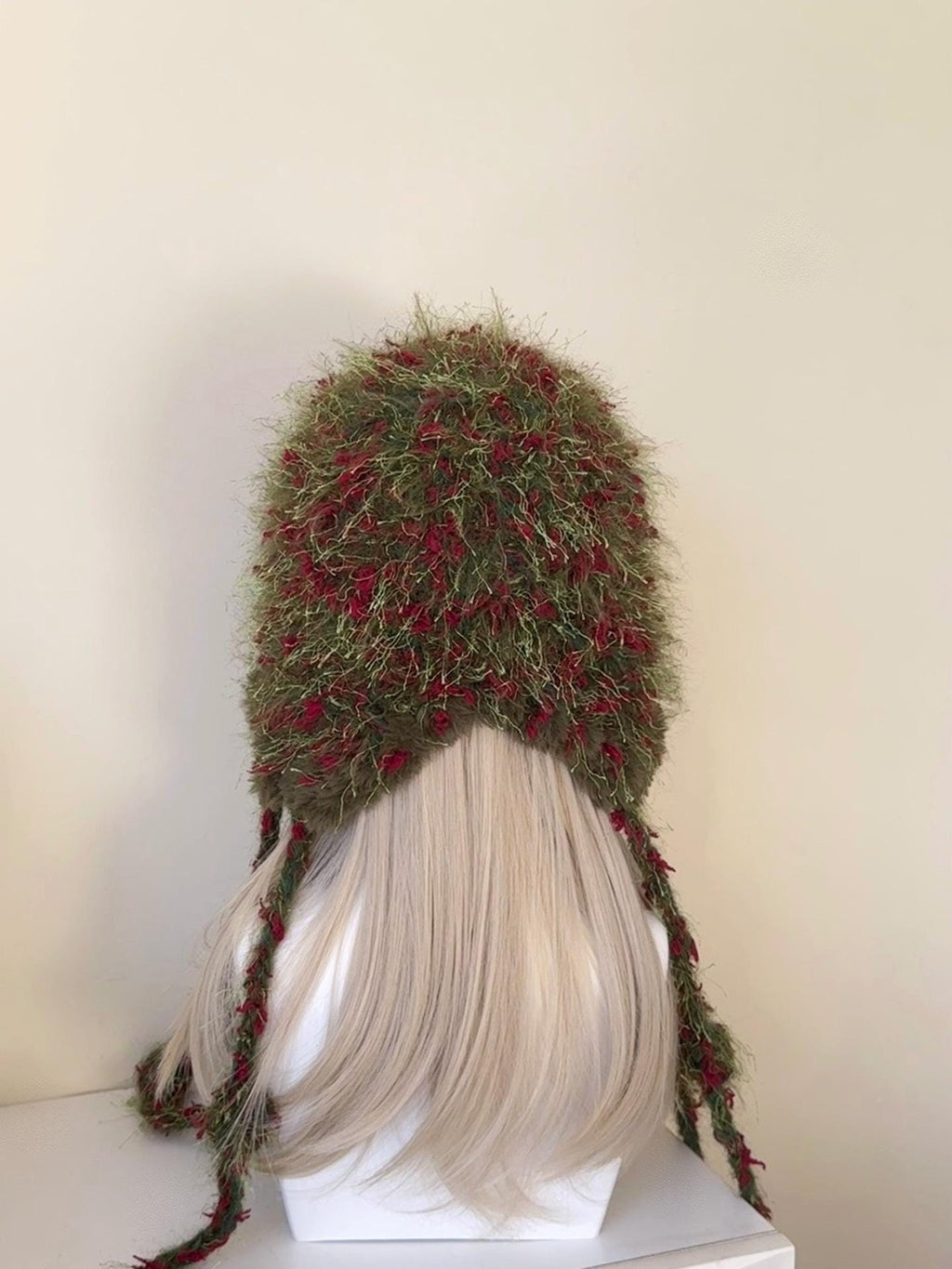 Handmade Festive Crochet Hood Red Green Floral Fairy Tassel