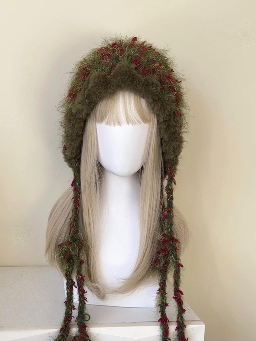 Handmade Festive Crochet Hood Red Green Floral Fairy Tassel