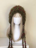Handmade Festive Crochet Hood Red Green Floral Fairy Tassel