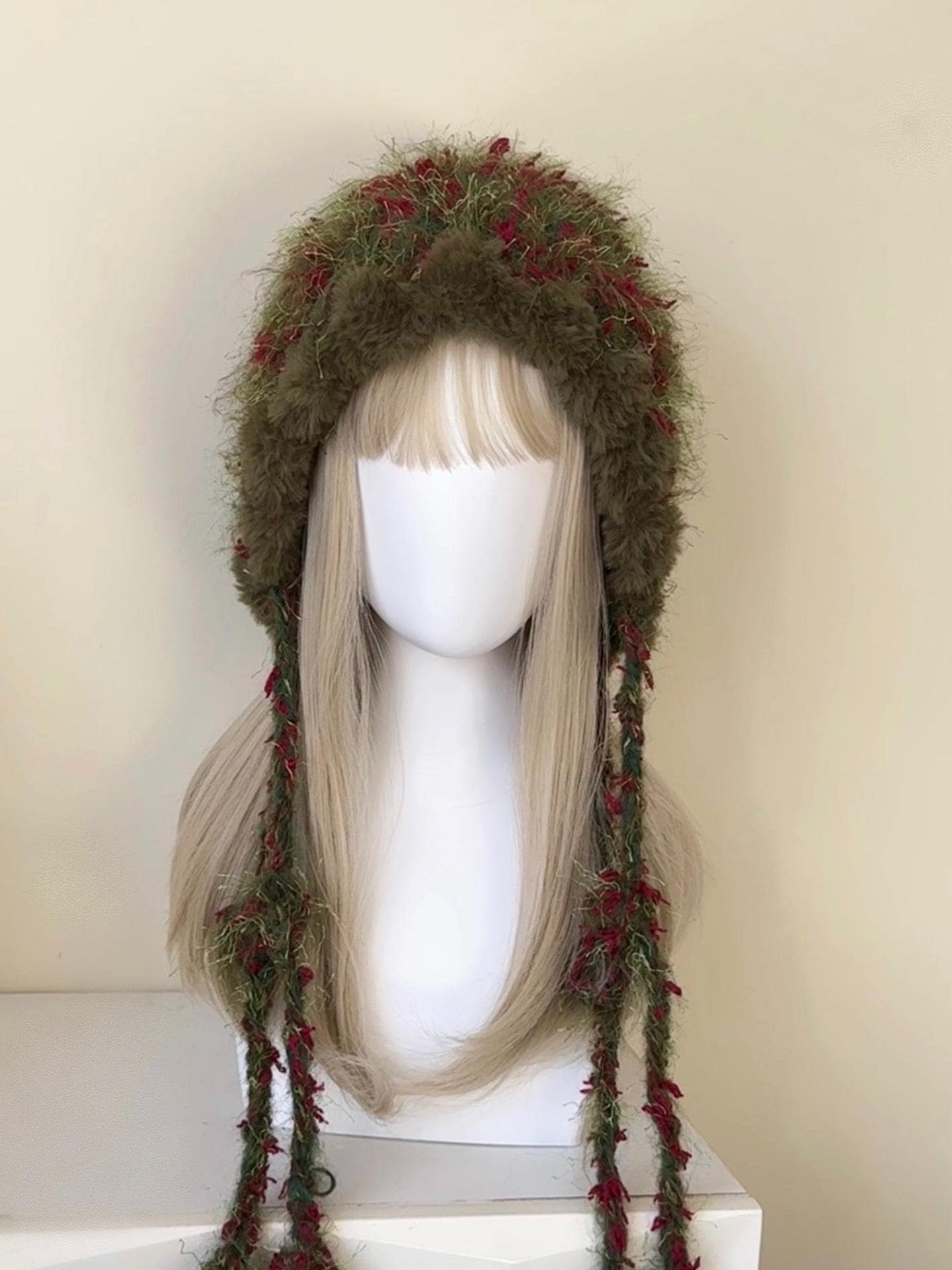 Handmade Festive Crochet Hood Red Green Floral Fairy Tassel