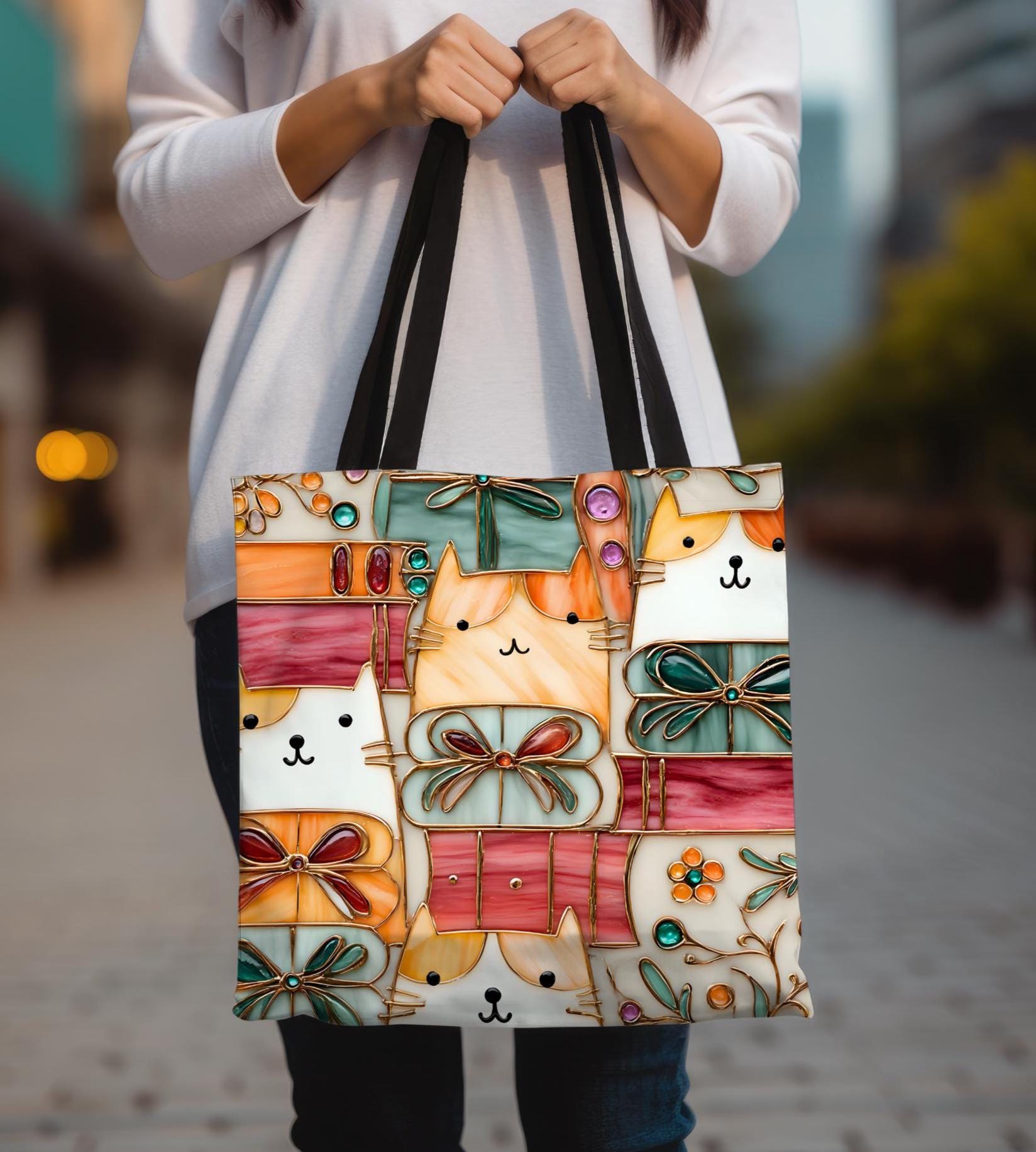 Stained Glass Look Cat Tote Bag, Literary Book Lover Gift