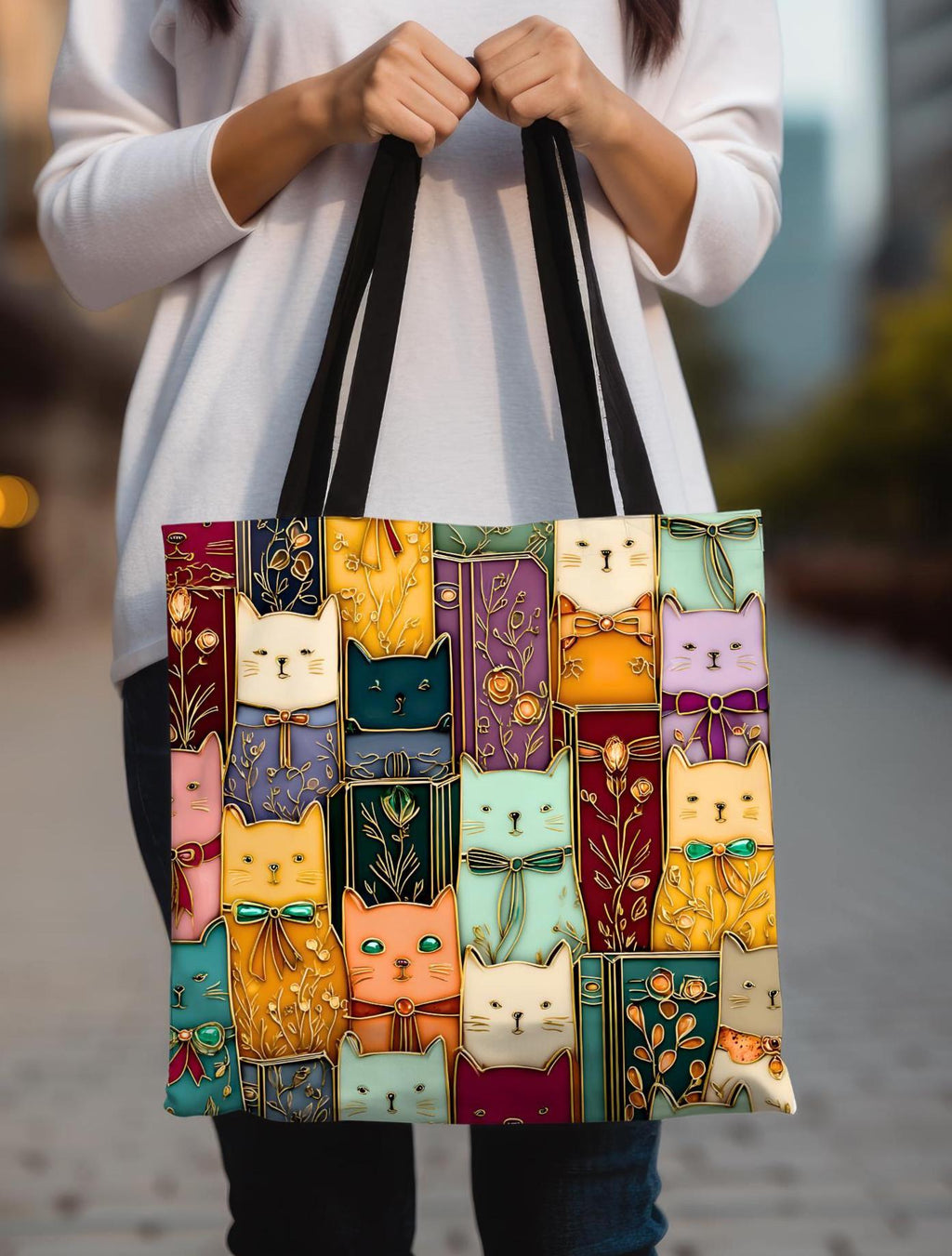 LELORESTORE Stained Glass Cat Tote Bag Book Lover Canvas