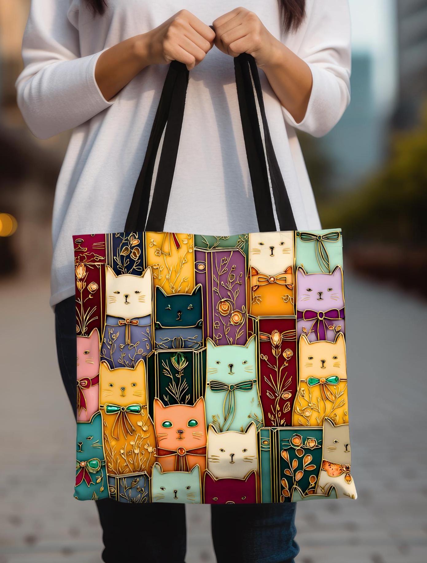 LELORESTORE Stained Glass Cat Tote Bag Book Lover Canvas