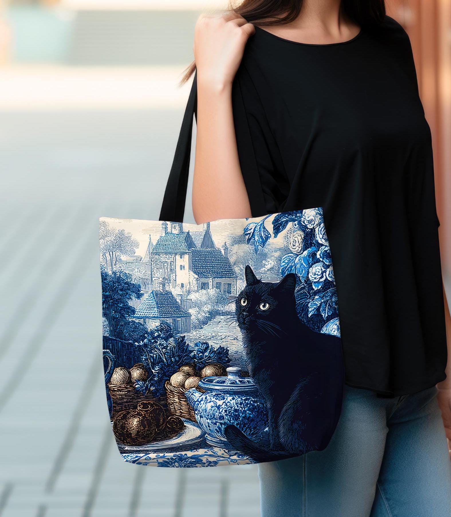 LELORESTORE Black Cat Toile Tote Bag Blue Shoulder Bag