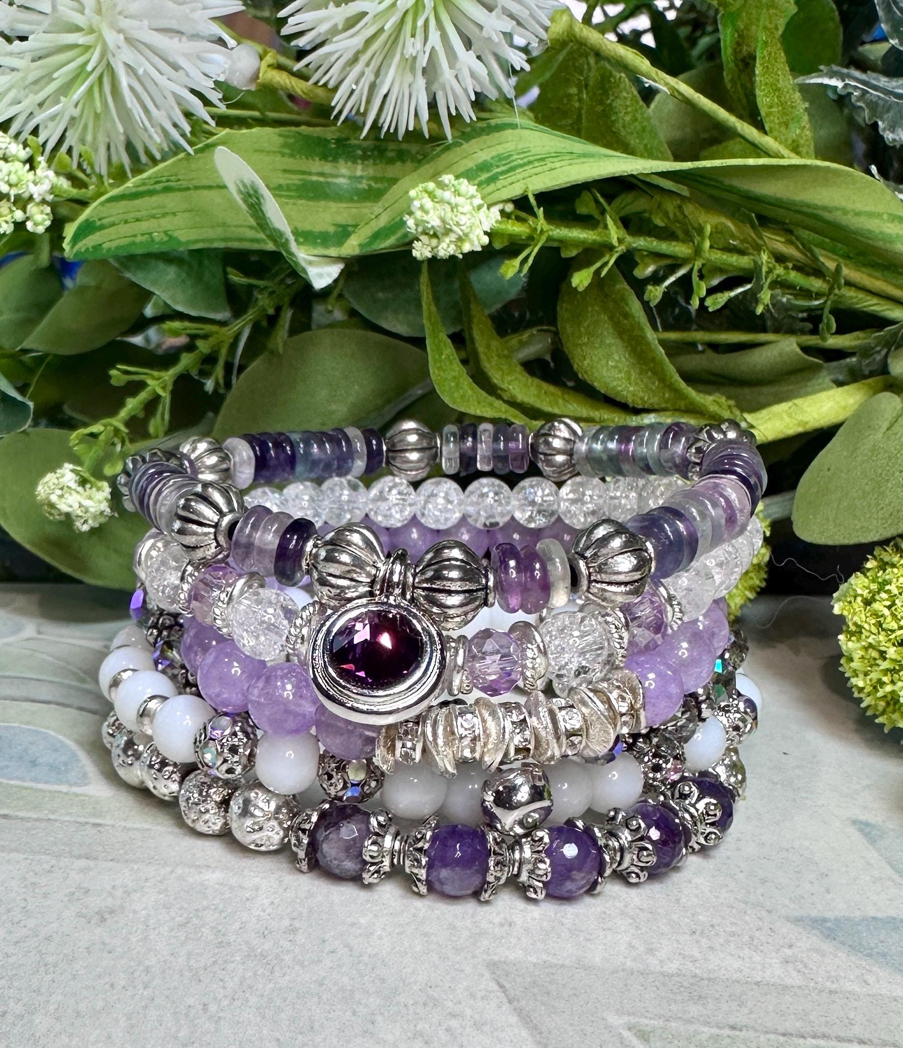 MossberryandStone Beaded 6-Piece Amethyst Gemstone Bracelet Stack