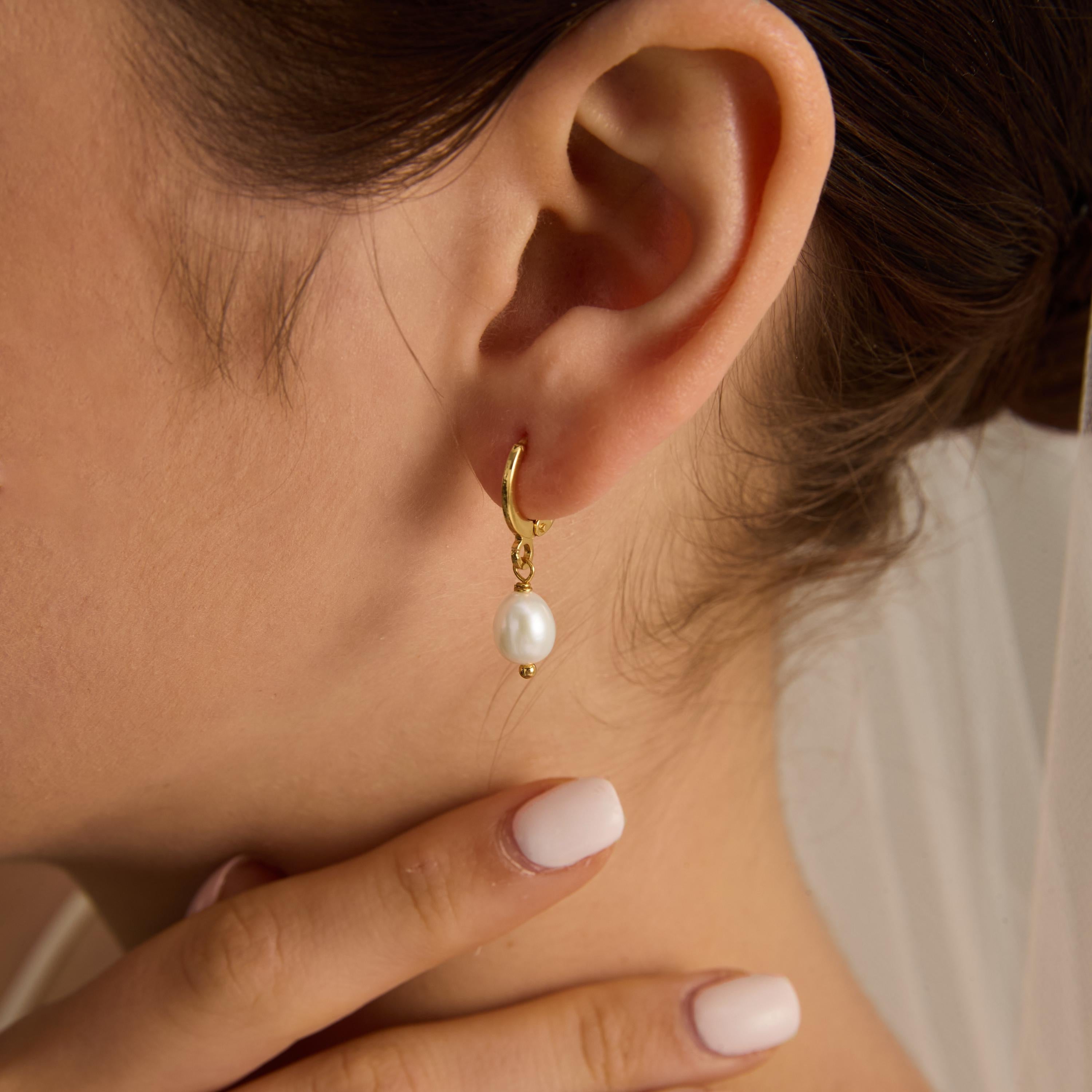 EcloraTreasures Genuine Freshwater Pearl Drop Hoop Earrings 10mm