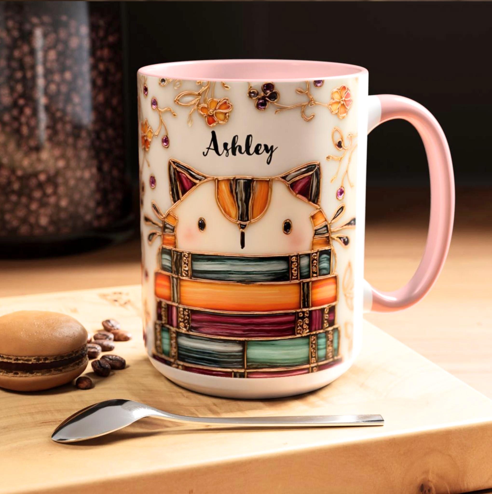 LELORESTORE Stained Glass Look Cat Mug Personalized Ceramic Coffee Cup Bookish