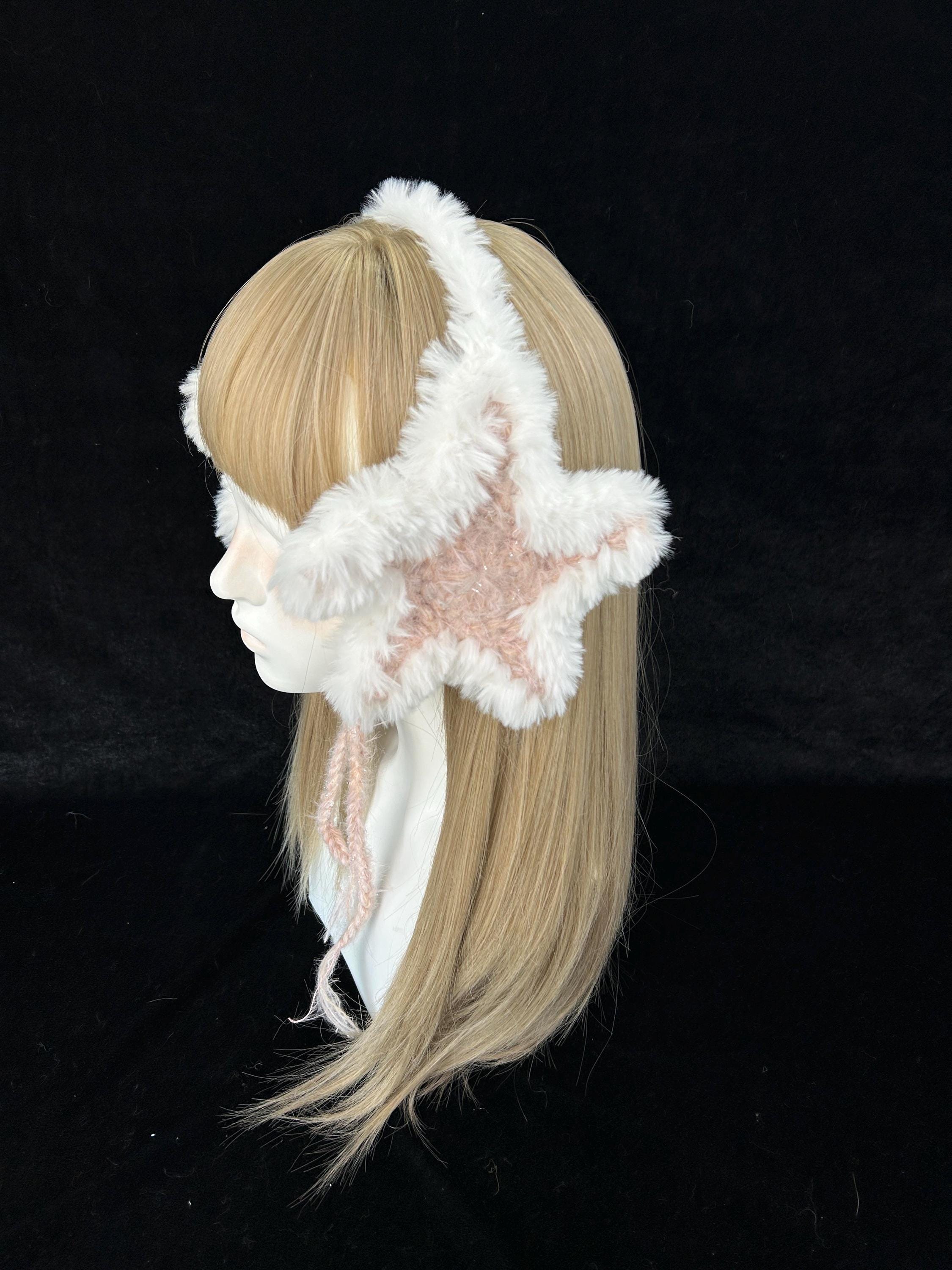 StellarPride Pink Star Crochet Headband - White Cozy Ear Warmer