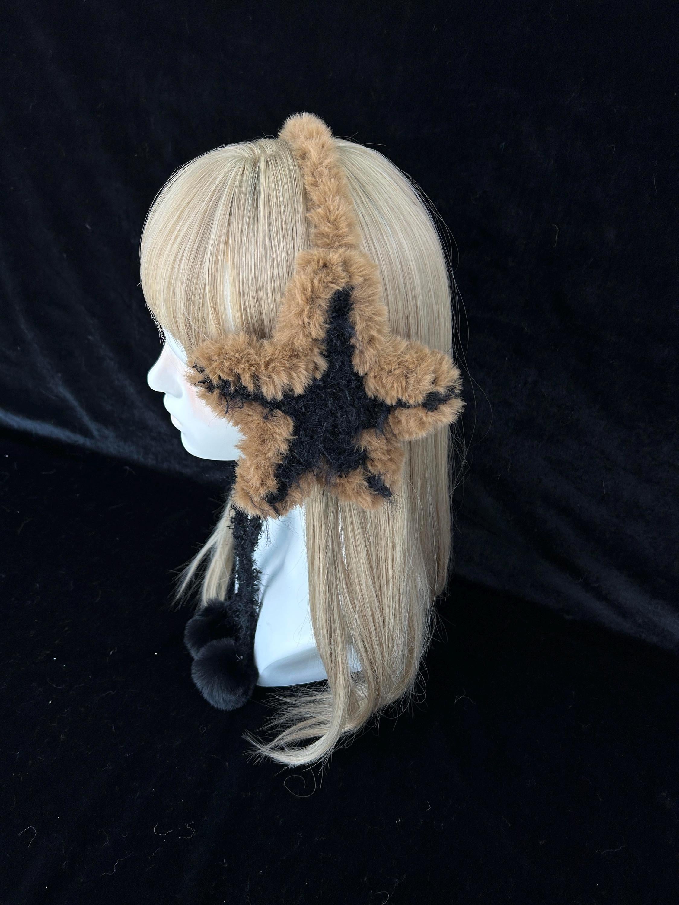 StellarPride Brown & Black Star Crochet Ear Warmer Handmade Boho