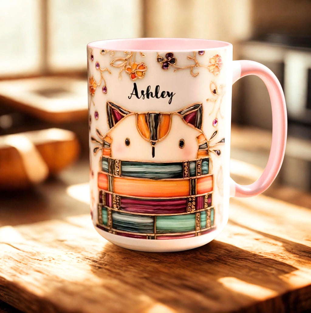 LELORESTORE Stained Glass Look Cat Mug Personalized Ceramic Coffee Cup Bookish