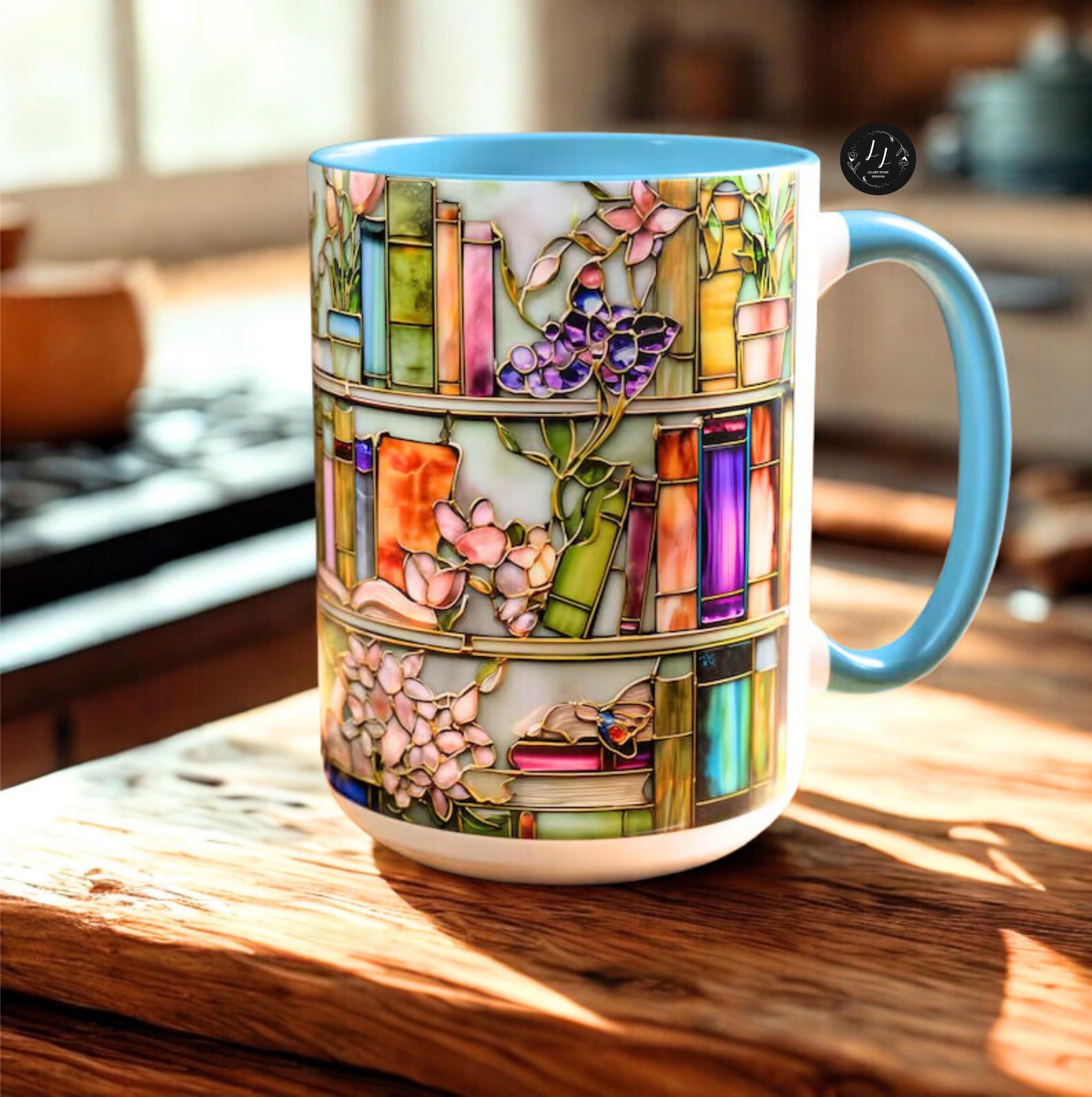 LELORESTORE Floral Bookshelf Coffee Mug Faux Stained Glass Ceramic Book Lover Gift