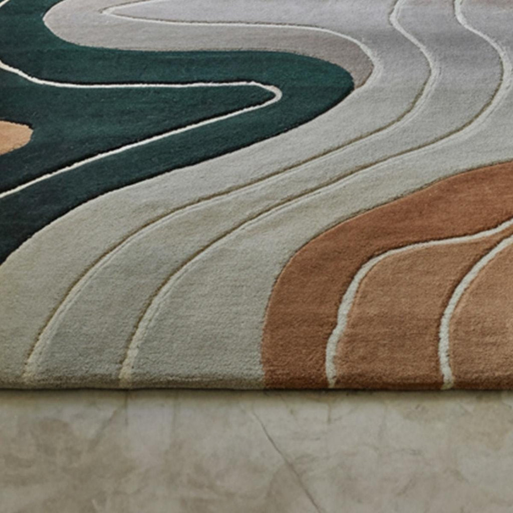 Hand Tufted Wool Area Rug, Emerald Green Rust Topographical Design