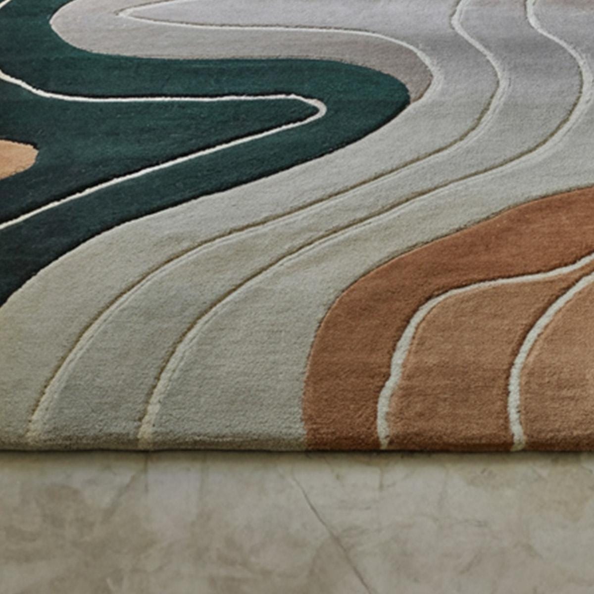 Hand Tufted Wool Area Rug, Emerald Green Rust Topographical Design