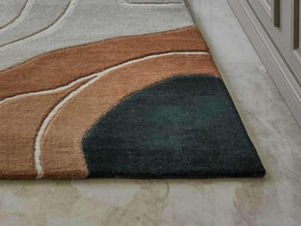 Hand Tufted Wool Area Rug, Emerald Green Rust Topographical Design