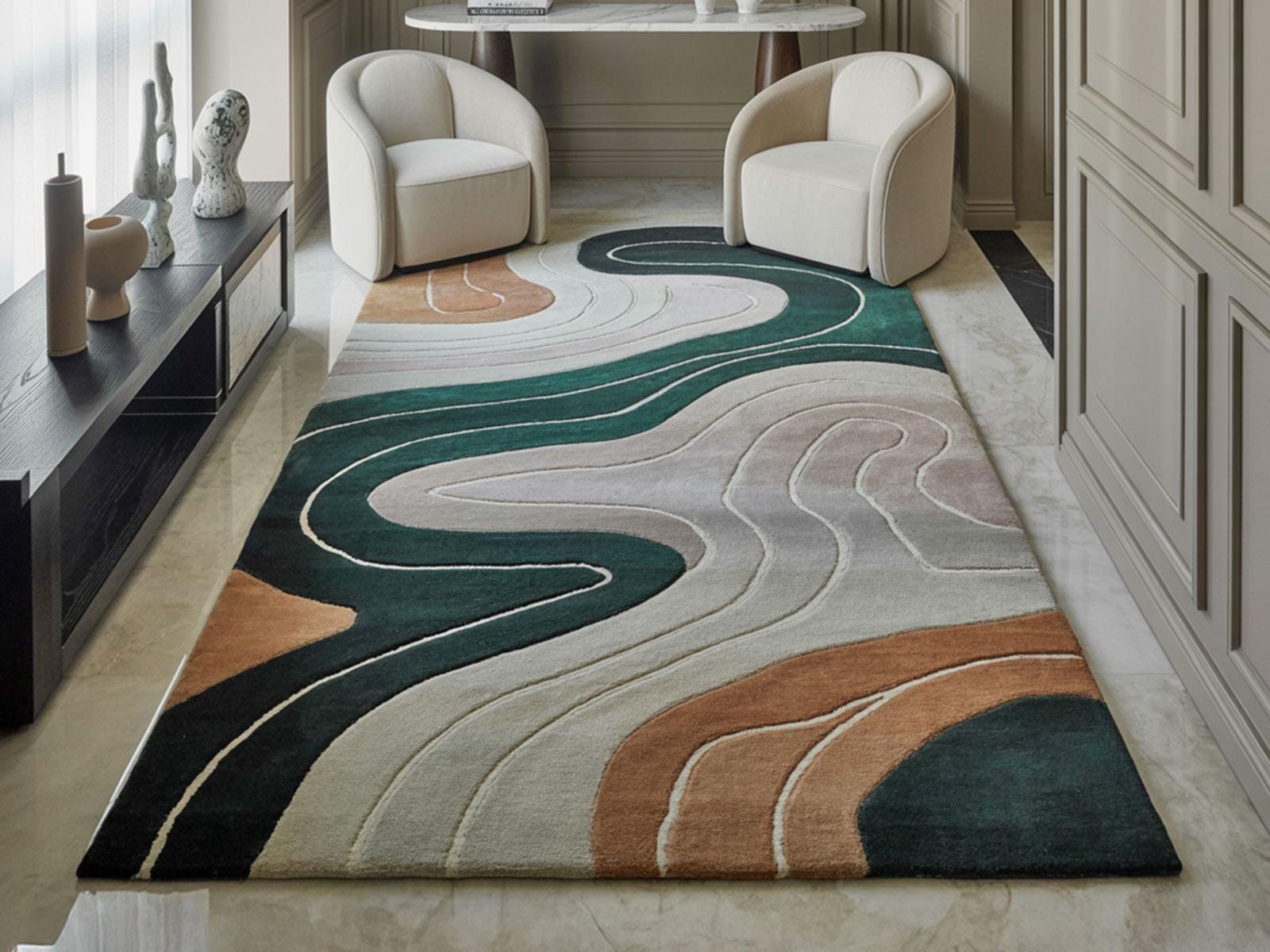Hand Tufted Wool Area Rug, Emerald Green Rust Topographical Design