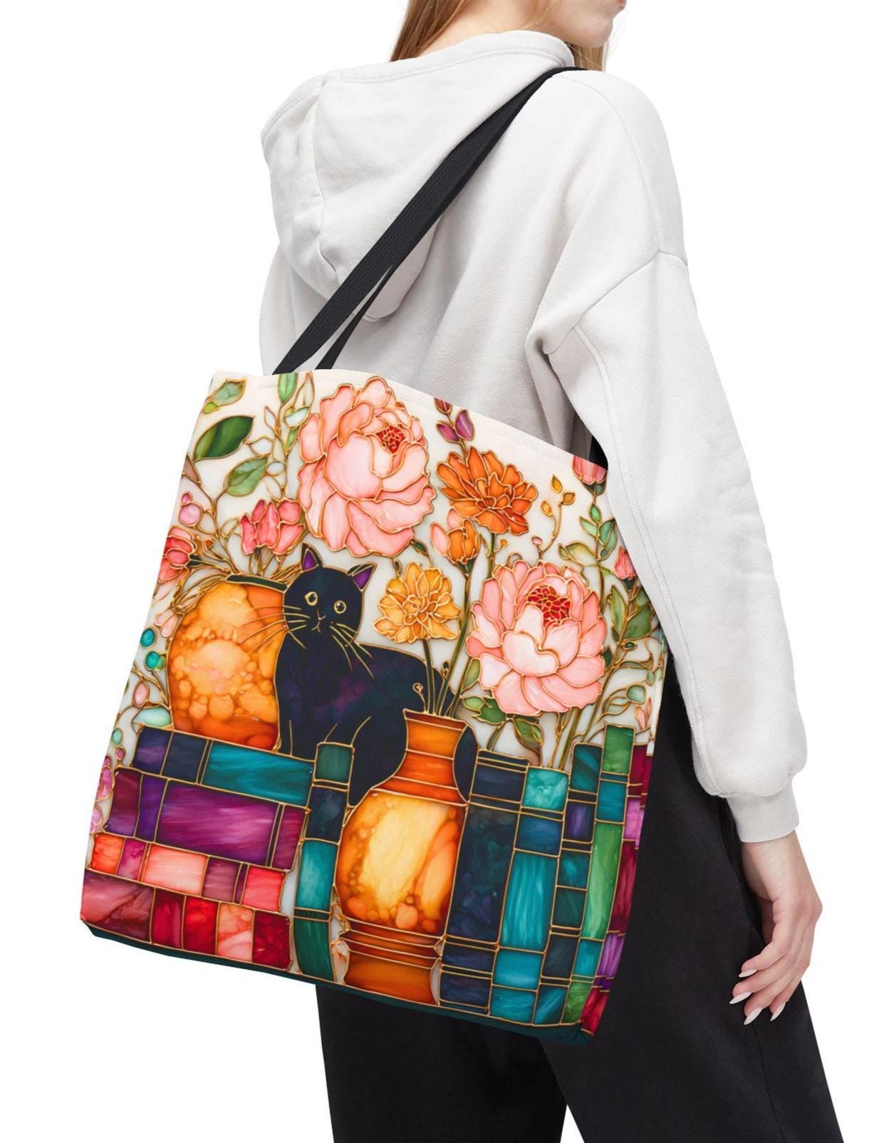 LELORESTORE Bookish Cat Tote Bag Boho Bookshelf Floral Library