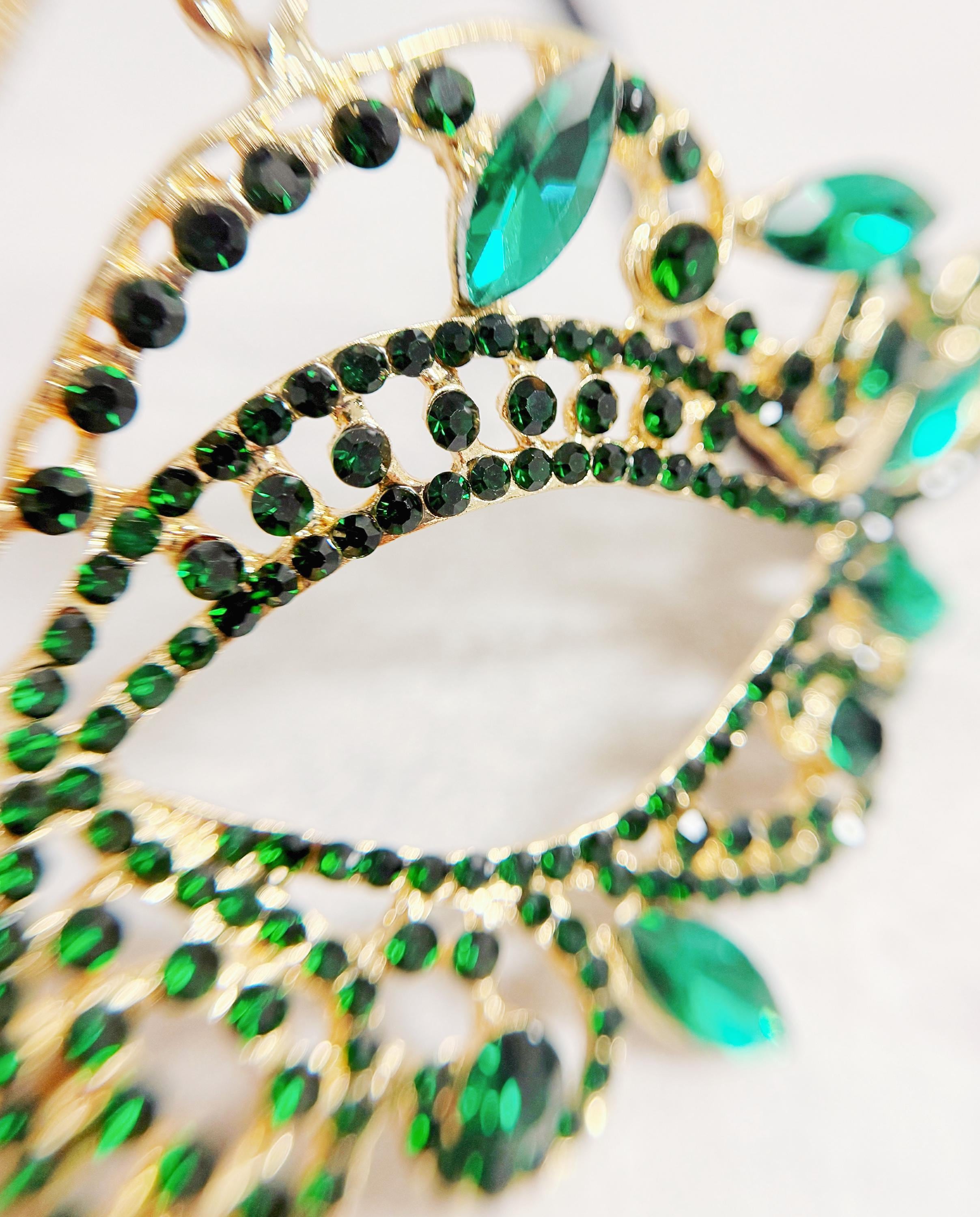 HappyJewelryWorld Gold Rhinestone Masquerade Mask Emerald Green