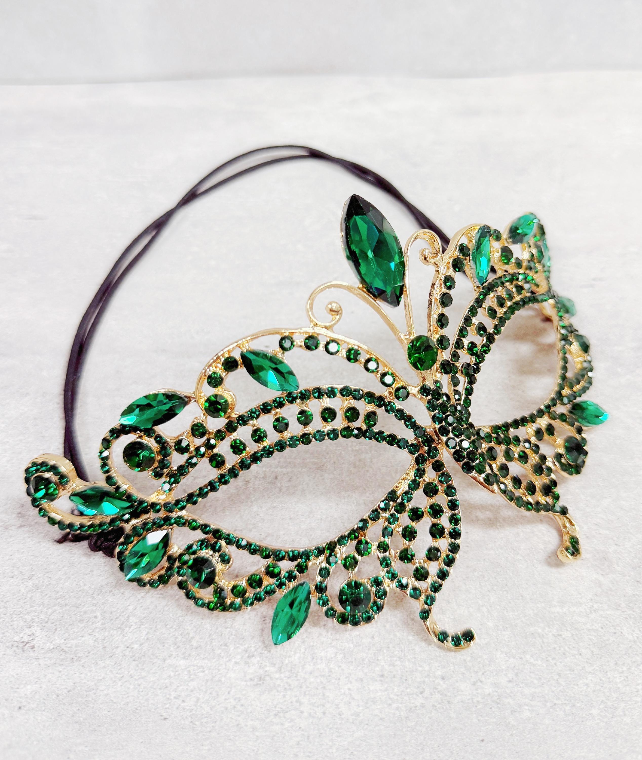 HappyJewelryWorld Gold Rhinestone Masquerade Mask Emerald Green