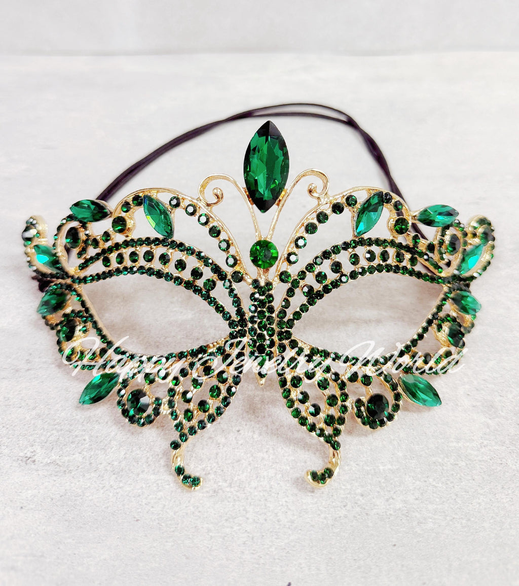 HappyJewelryWorld Gold Rhinestone Masquerade Mask Emerald Green