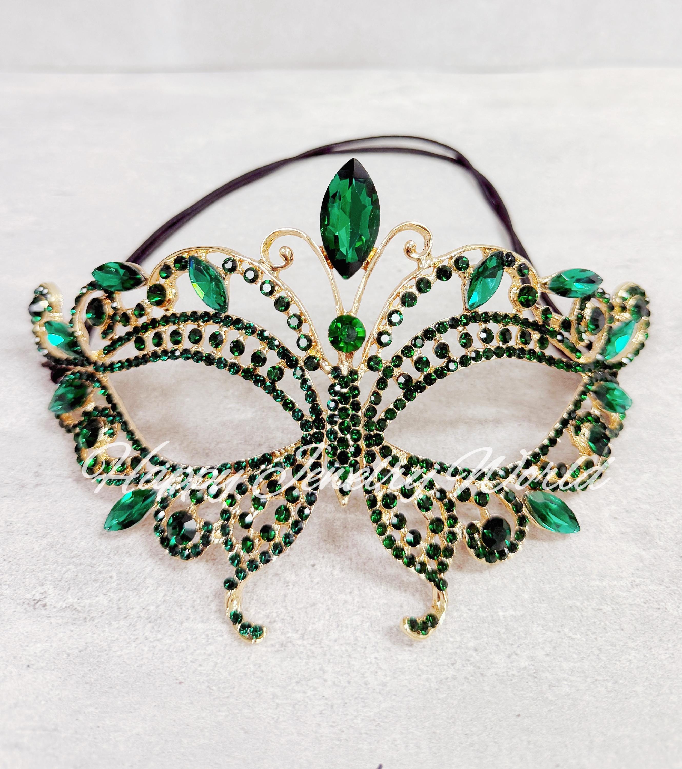 HappyJewelryWorld Gold Rhinestone Masquerade Mask Emerald Green