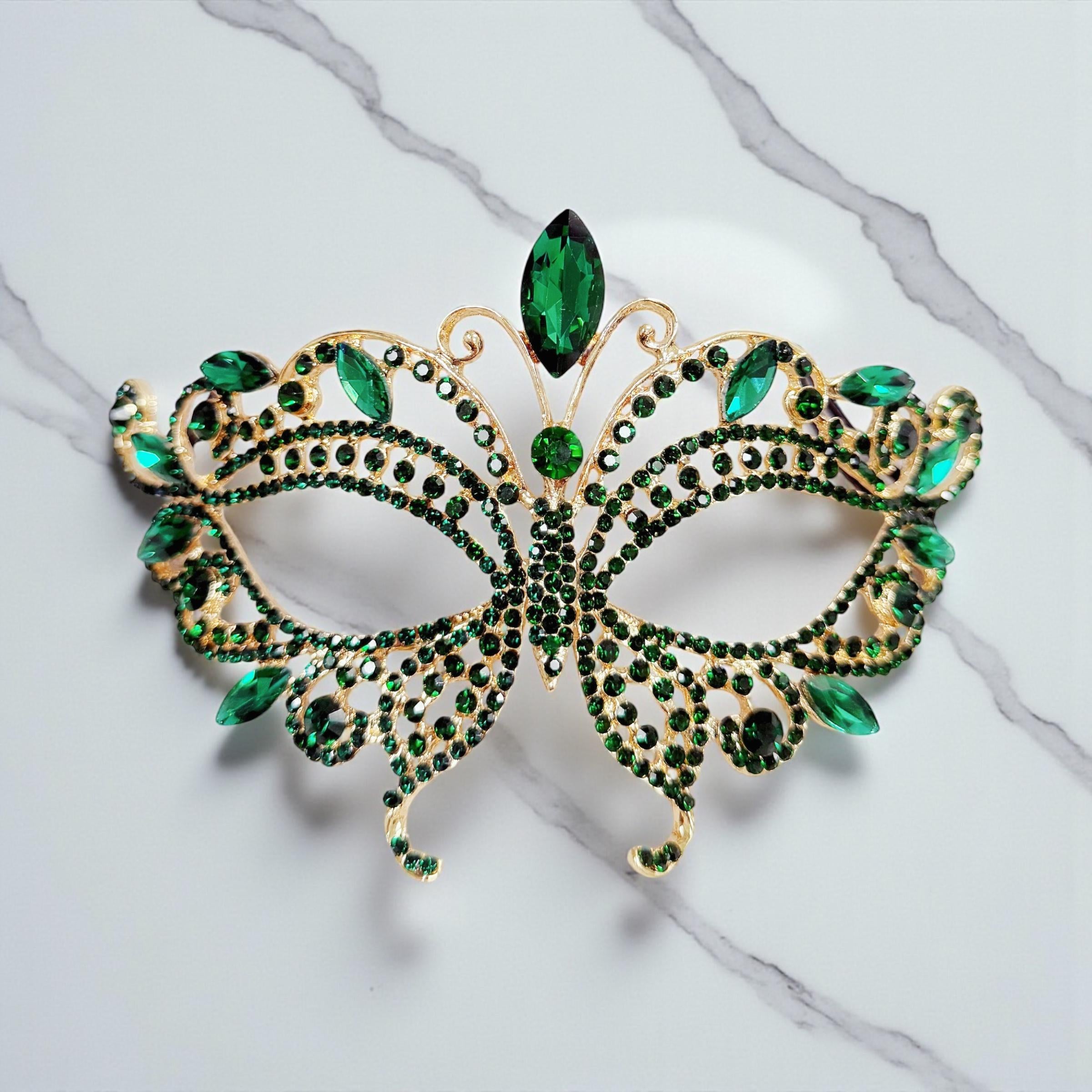 HappyJewelryWorld Gold Rhinestone Masquerade Mask Emerald Green
