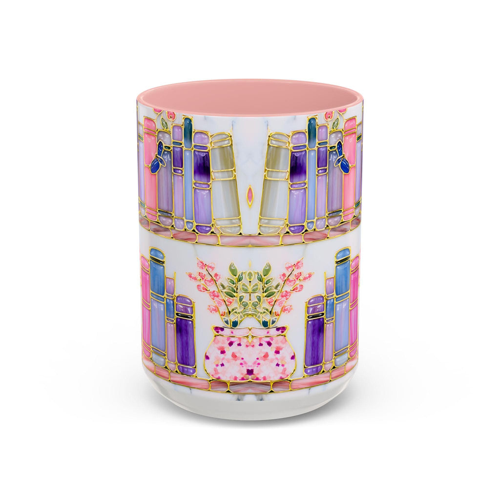Floral Bookshelf Cat Mug, Stained Glass Effect Coffee Cup, Book Lover Gift