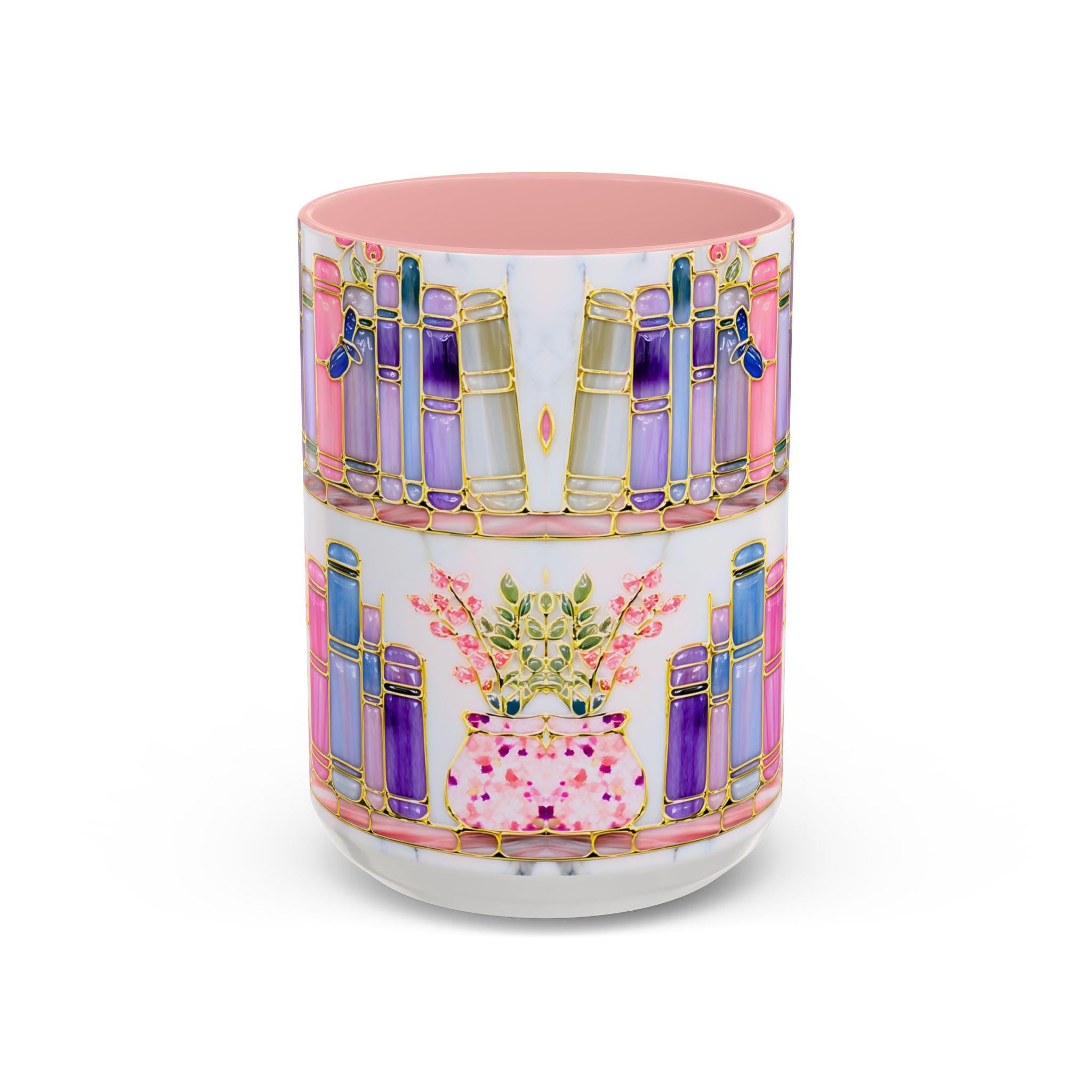 Floral Bookshelf Cat Mug, Stained Glass Effect Coffee Cup, Book Lover Gift