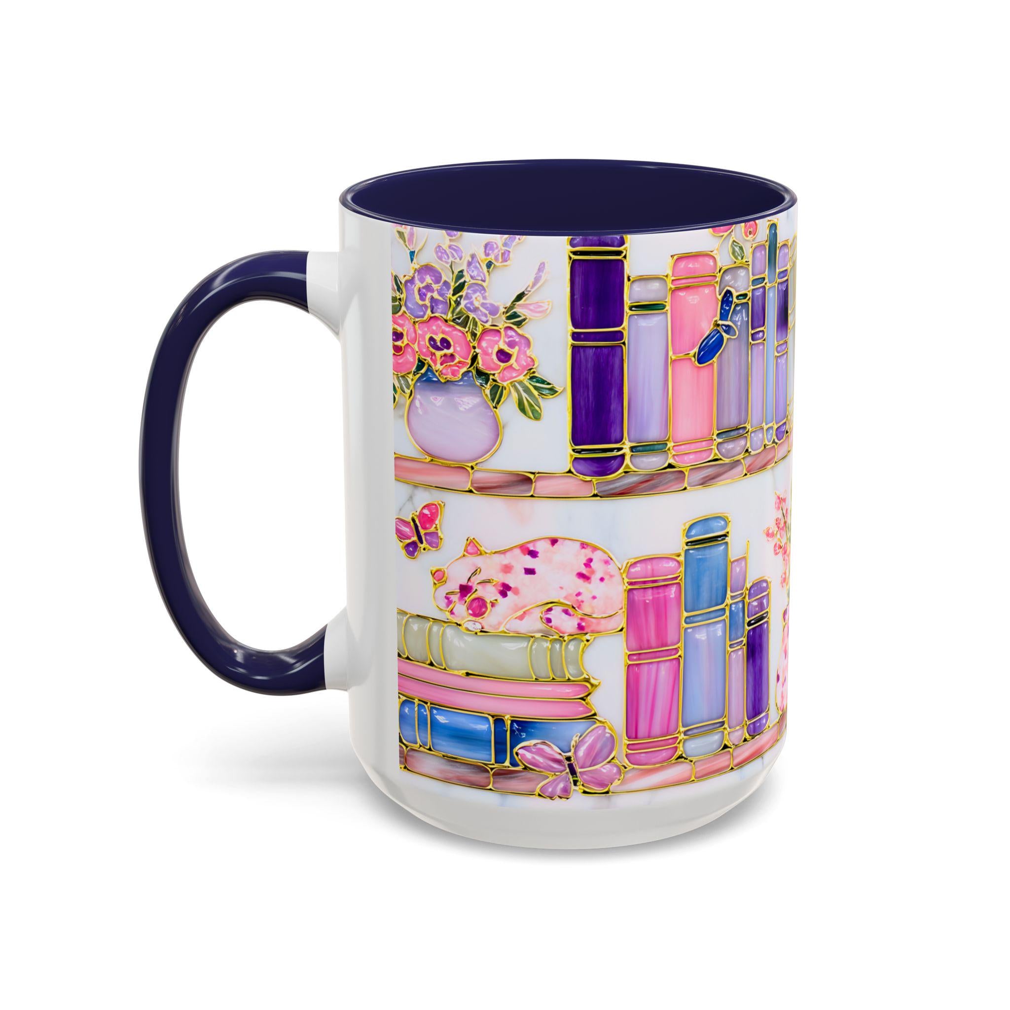 Floral Bookshelf Cat Mug, Stained Glass Effect Coffee Cup, Book Lover Gift