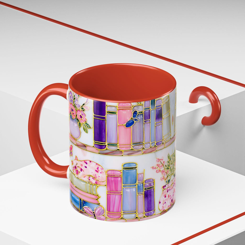 Floral Bookshelf Cat Mug, Stained Glass Effect Coffee Cup, Book Lover Gift