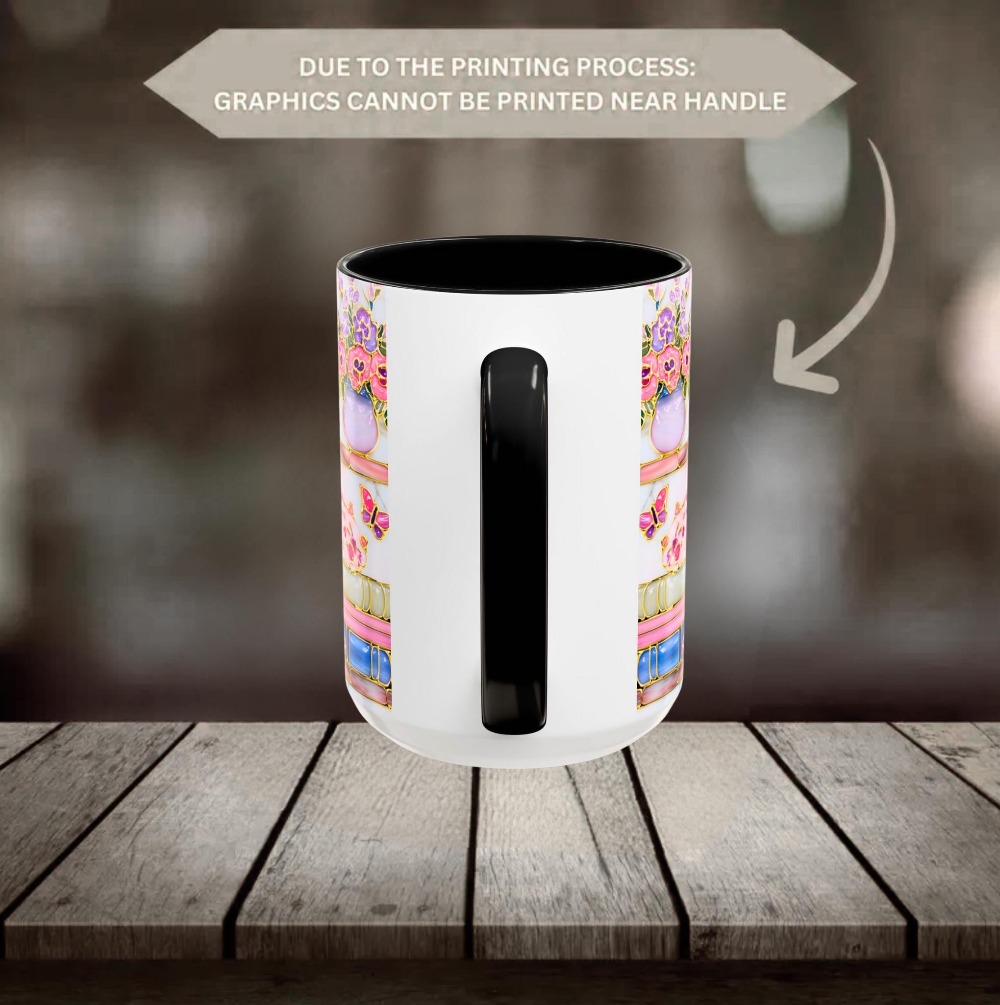 Floral Bookshelf Cat Mug, Stained Glass Effect Coffee Cup, Book Lover Gift